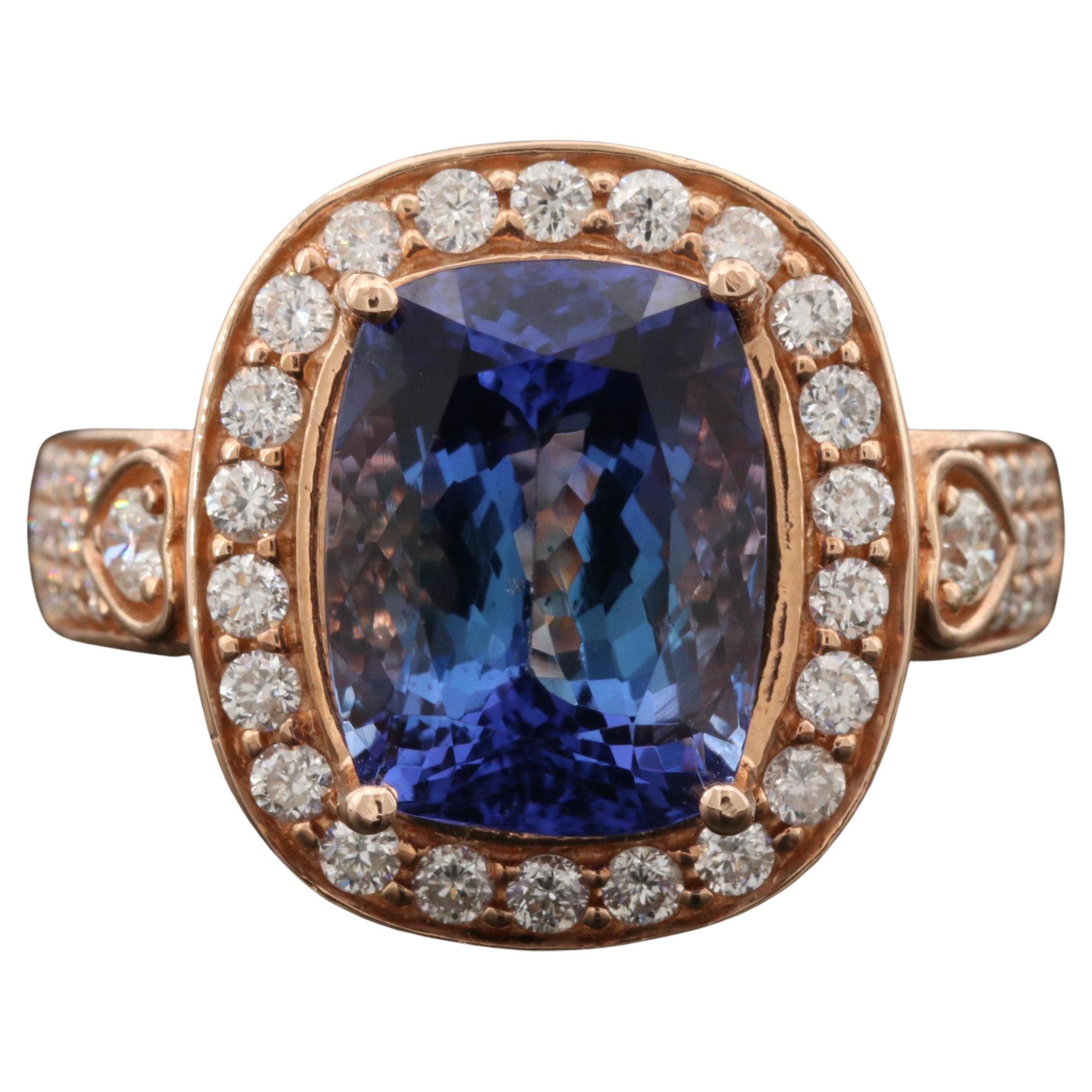For Sale:  6 Carat Violet Tanzanite Engagement Ring, Halo Diamond Rose Gold Wedding Ring