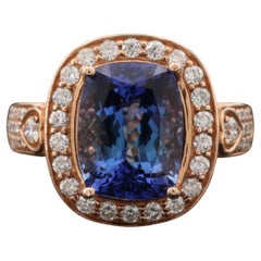 6 Carat Violet Tanzanite Engagement Ring, Halo Diamond Rose Gold Wedding Ring