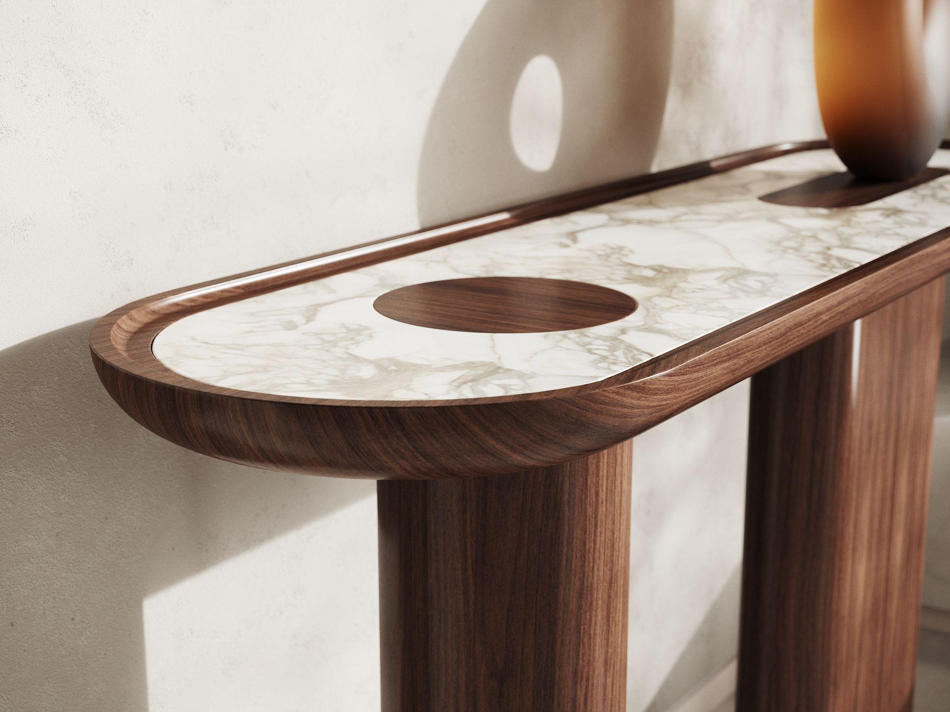 XXI secolo e contemporaneo Consolle ovale in legno di noce con piano in marmo bianco inserito di Ultramobili in vendita