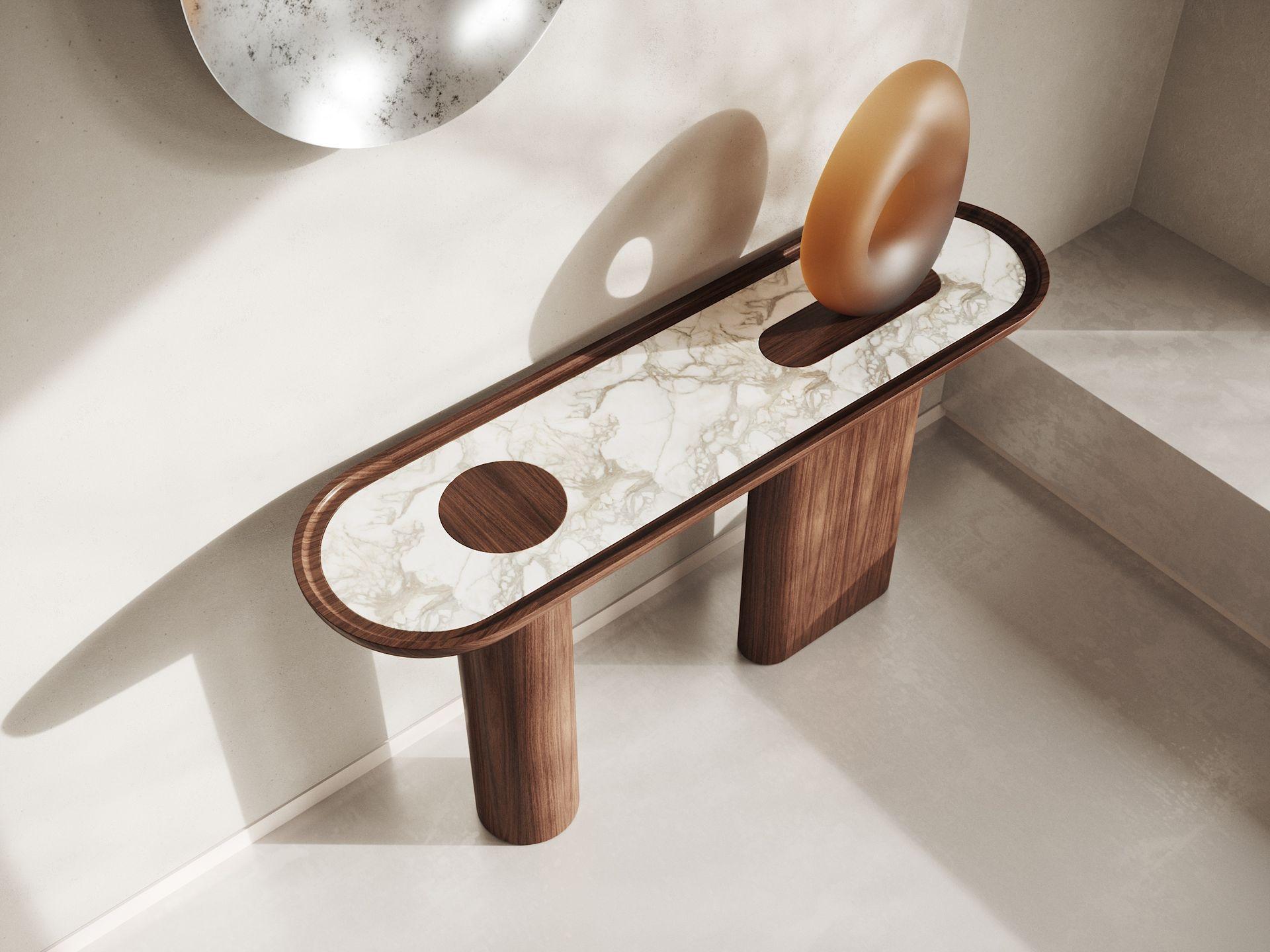 Noce Consolle ovale in legno di noce con piano in marmo bianco inserito di Ultramobili in vendita