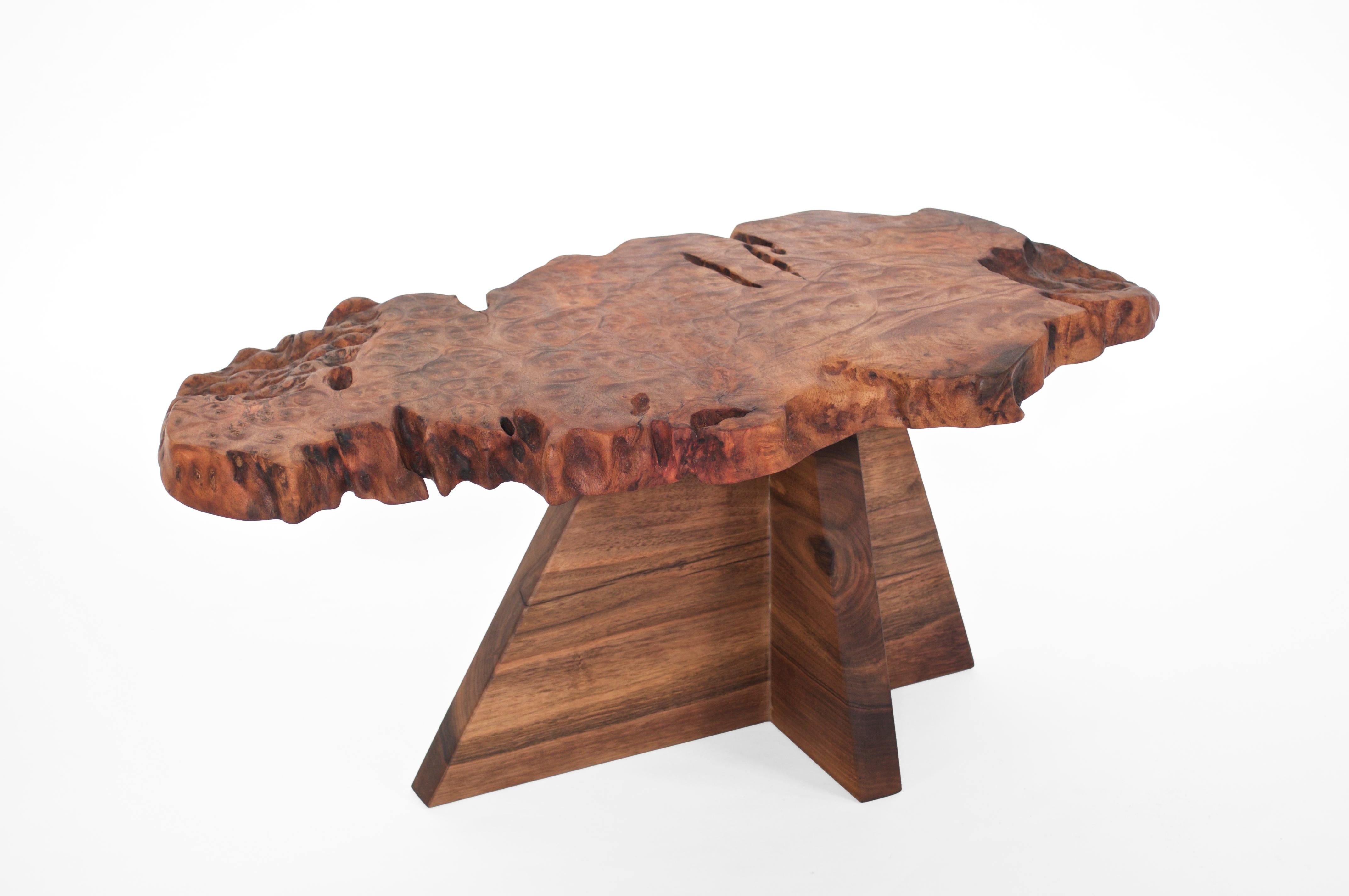 Unique walnut signed table by Jörg Pietschmann T2581 
Materials: Afzelia, Europe walnut, polished oil finish
Measures: H 37,5 x W 90 x D 47 cm 

In Pietschmann’s sculptures, trees that for centuries were part of a landscape and founded in