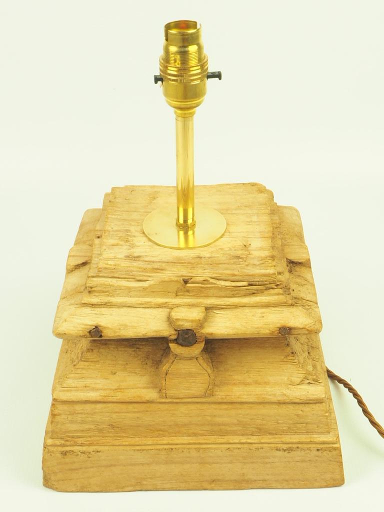 Contemporary Unique Weathered Wood Aztec Temple Style Table Lamp For Sale