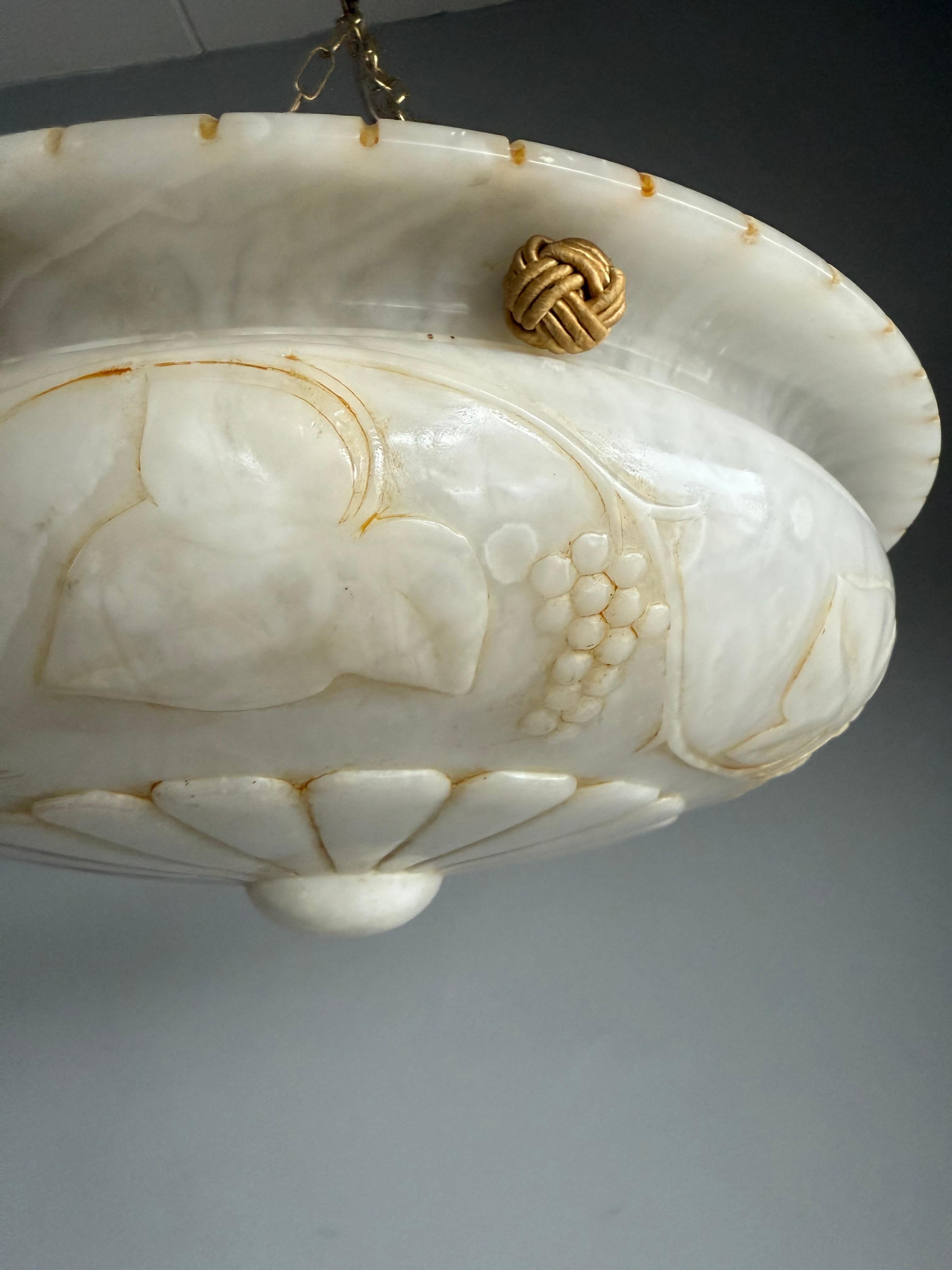 Stunning Alabaster Pendant Light Carved Flowers, Leafs &  Bunches of Grapes 1920 3