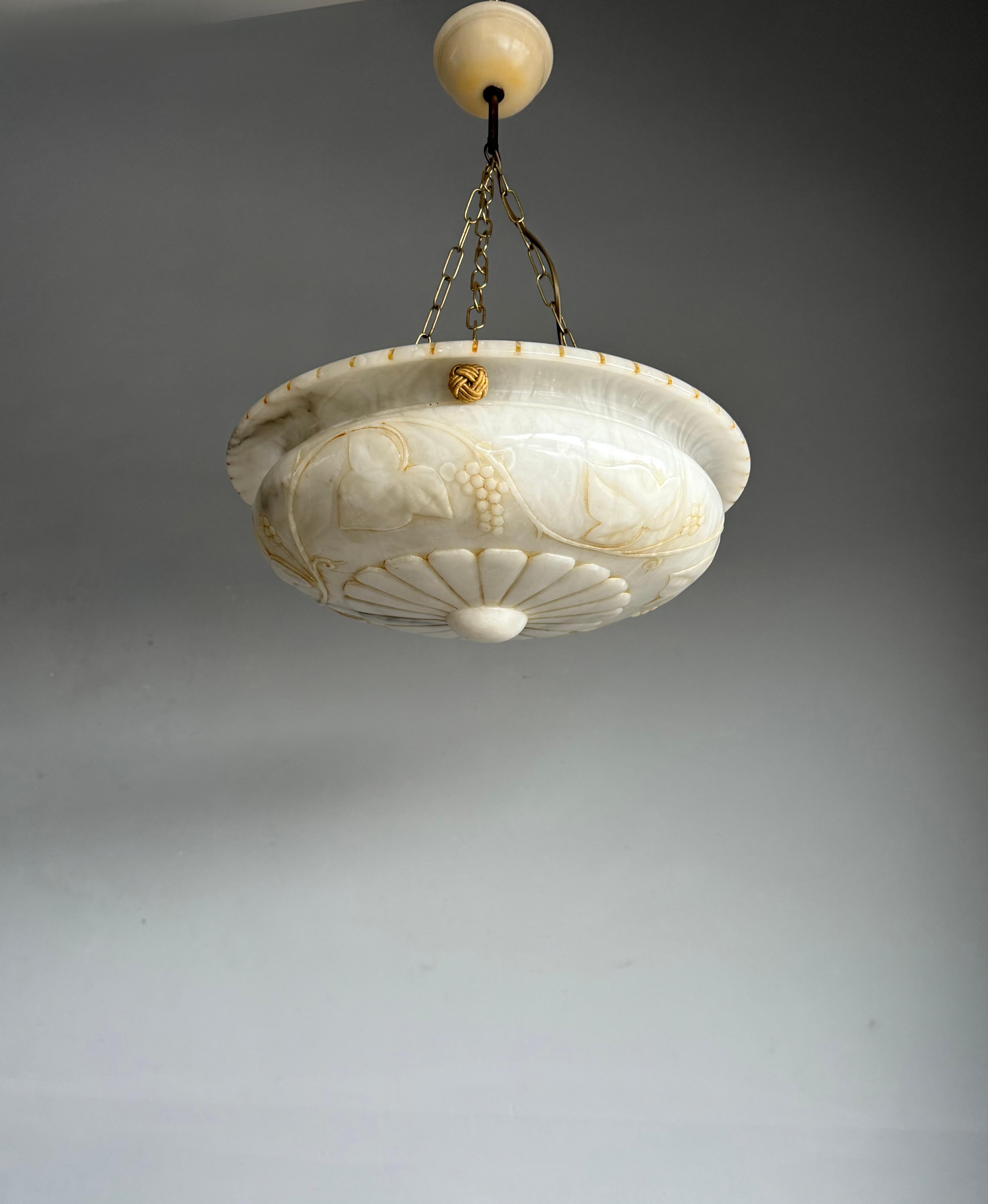 Stunning Alabaster Pendant Light Carved Flowers, Leafs &  Bunches of Grapes 1920 4