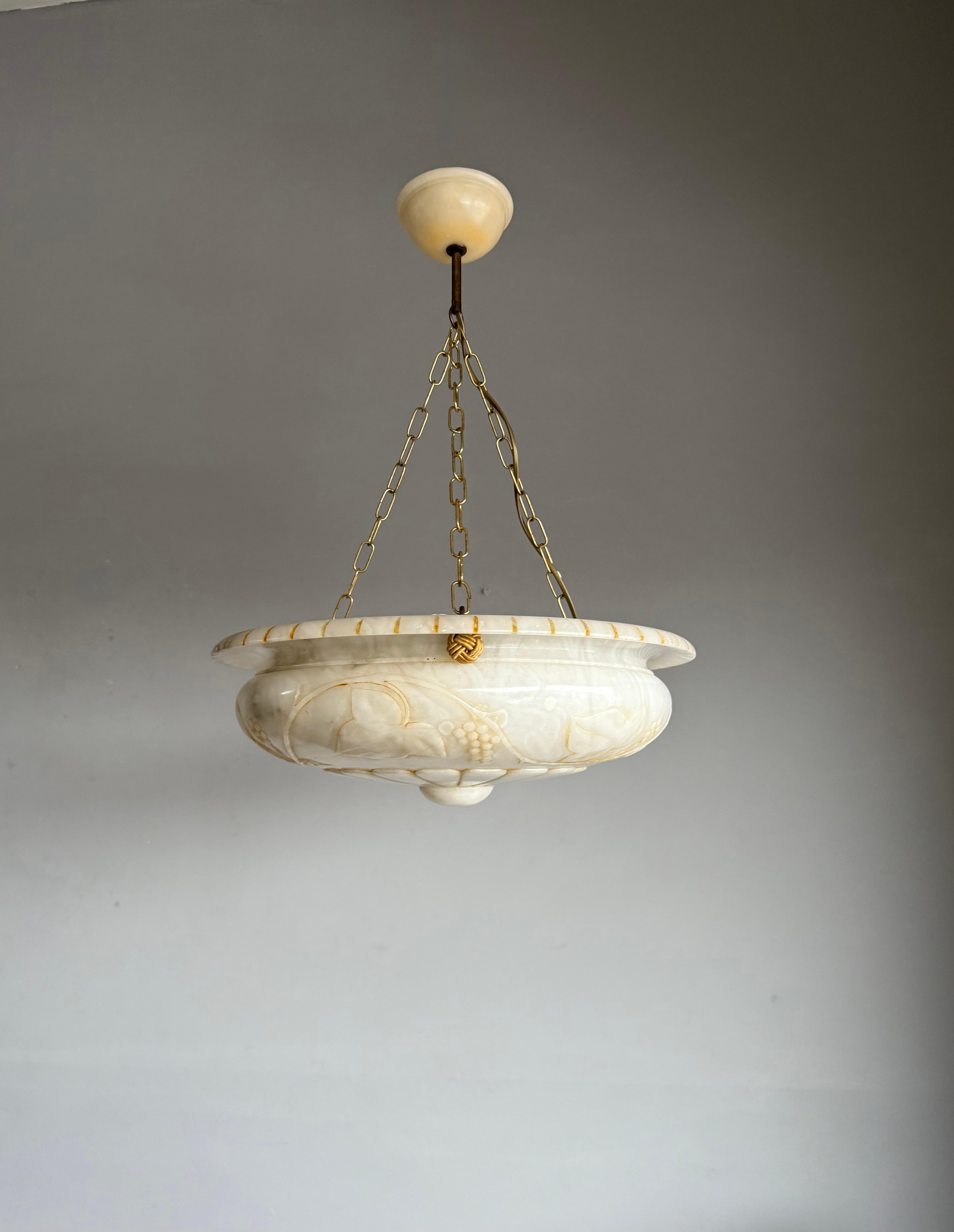 Stunning Alabaster Pendant Light Carved Flowers, Leafs &  Bunches of Grapes 1920 5