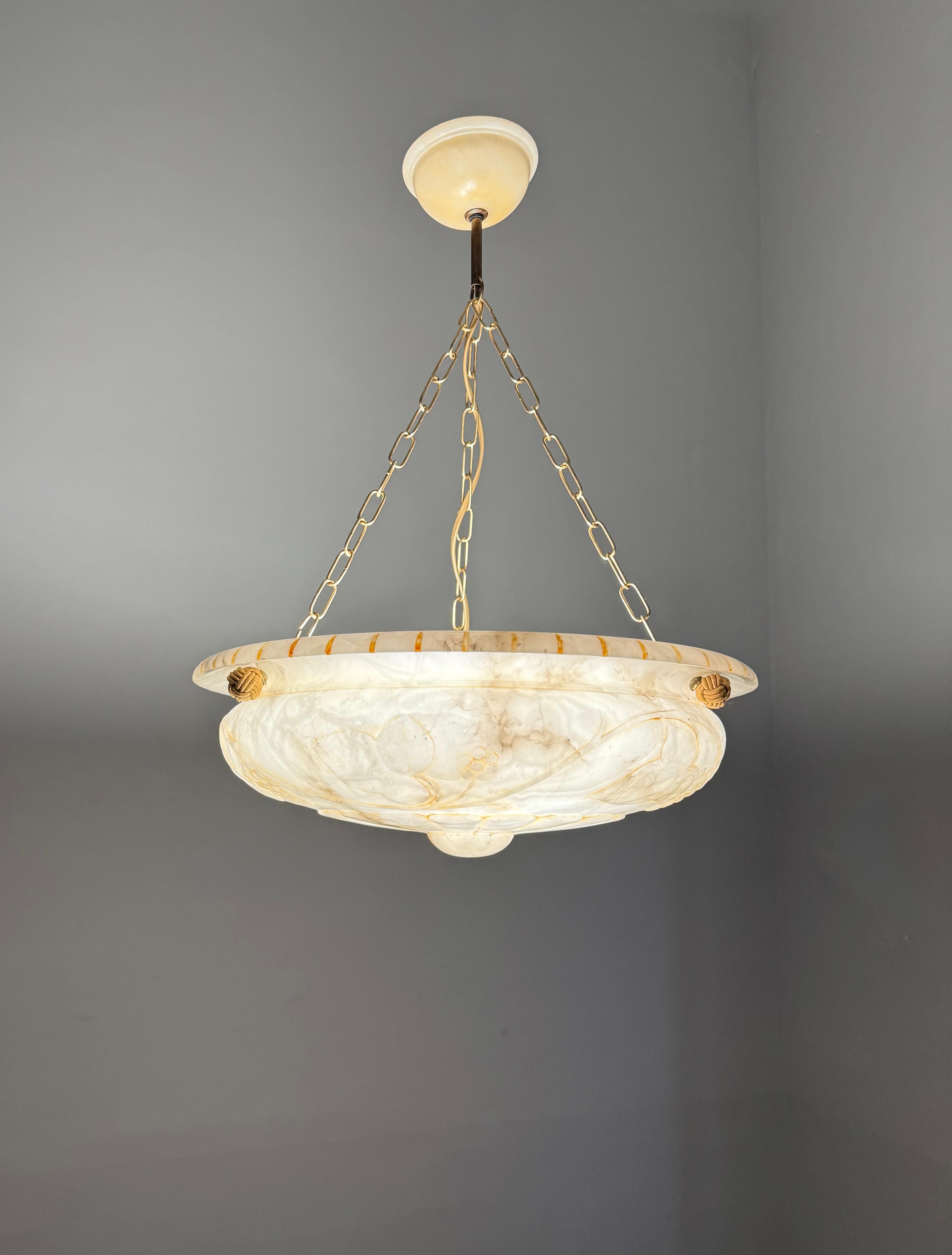 Stunning Alabaster Pendant Light Carved Flowers, Leafs &  Bunches of Grapes 1920 6