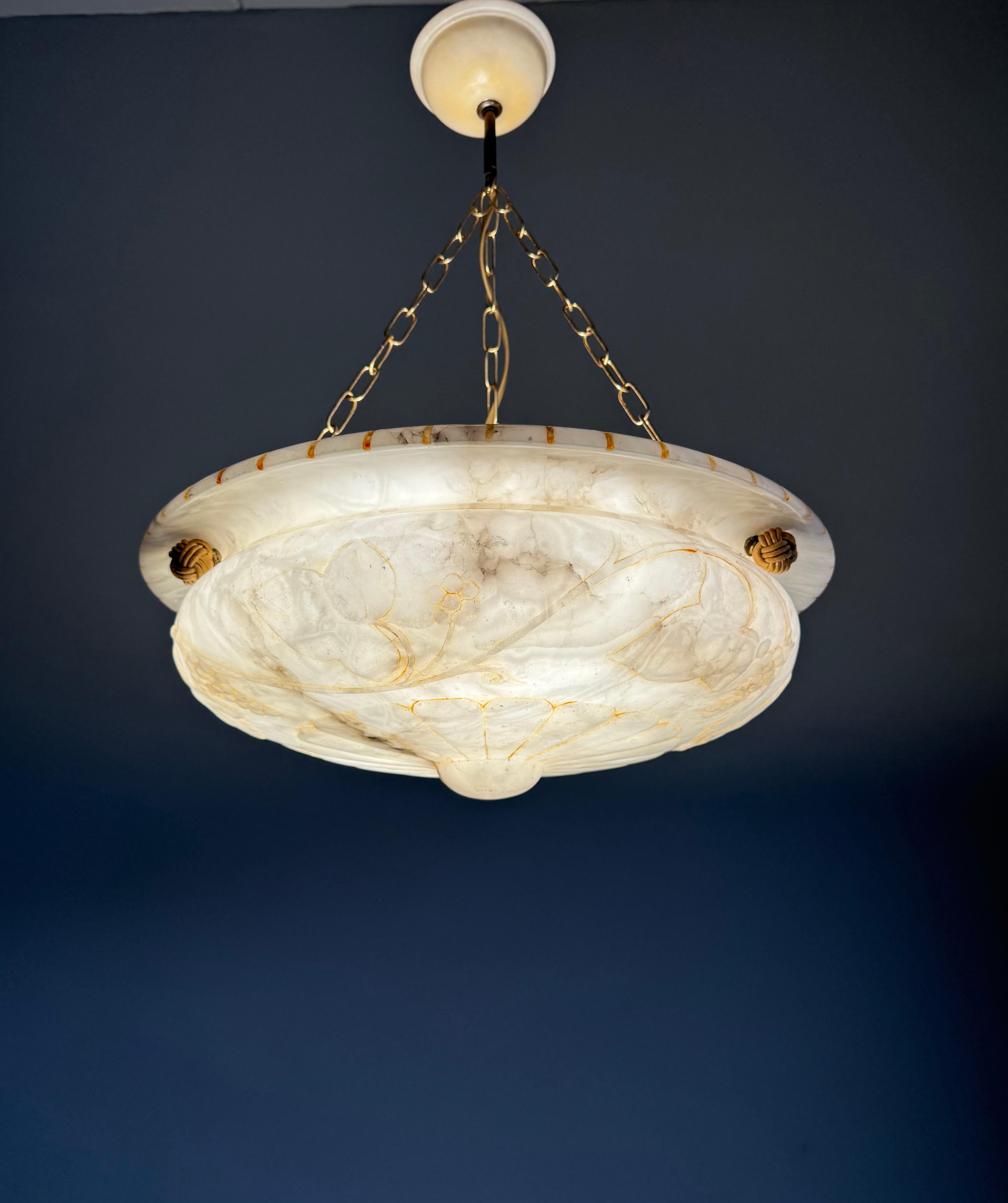Stunning Alabaster Pendant Light Carved Flowers, Leafs &  Bunches of Grapes 1920 7