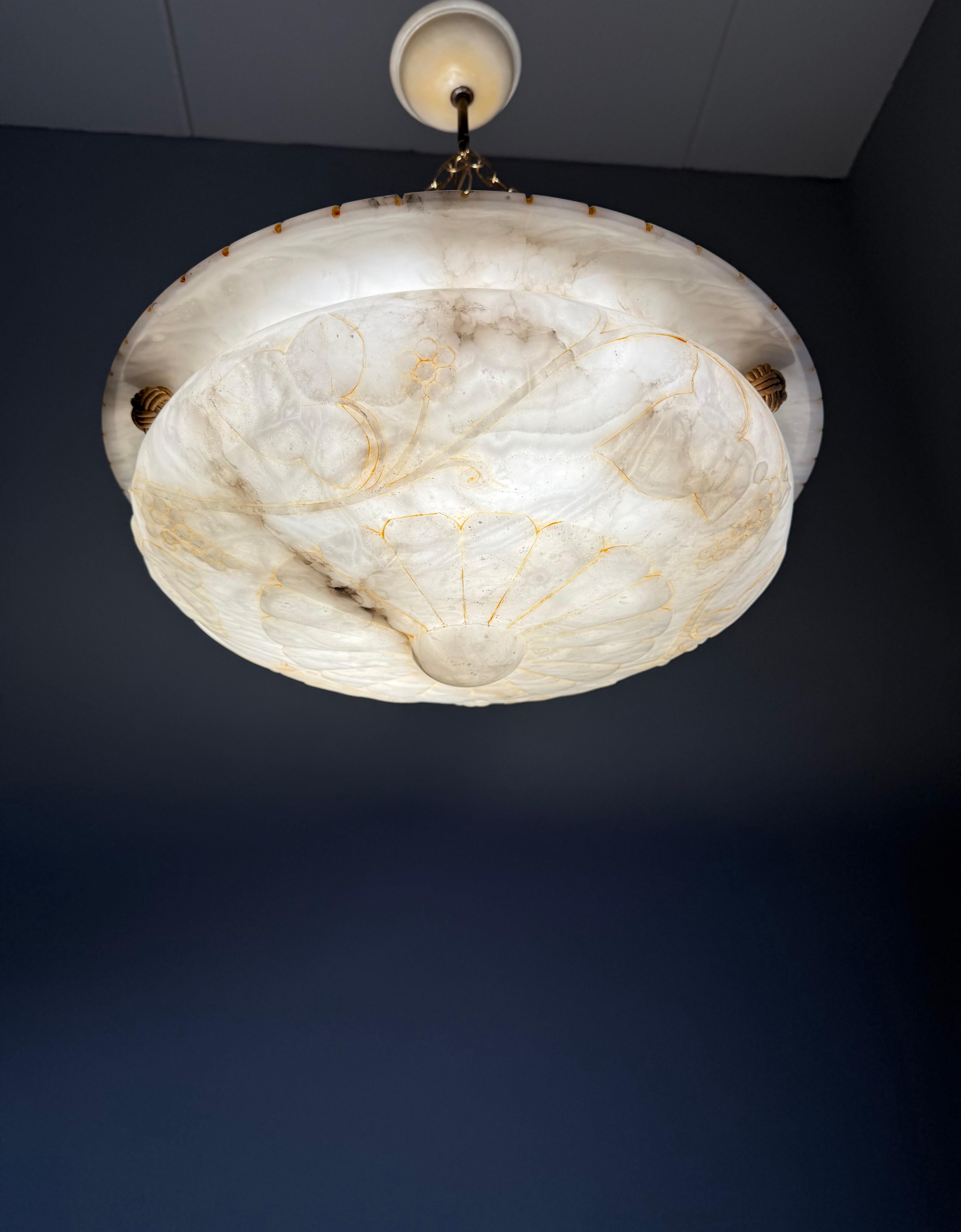 Stunning Alabaster Pendant Light Carved Flowers, Leafs &  Bunches of Grapes 1920 8