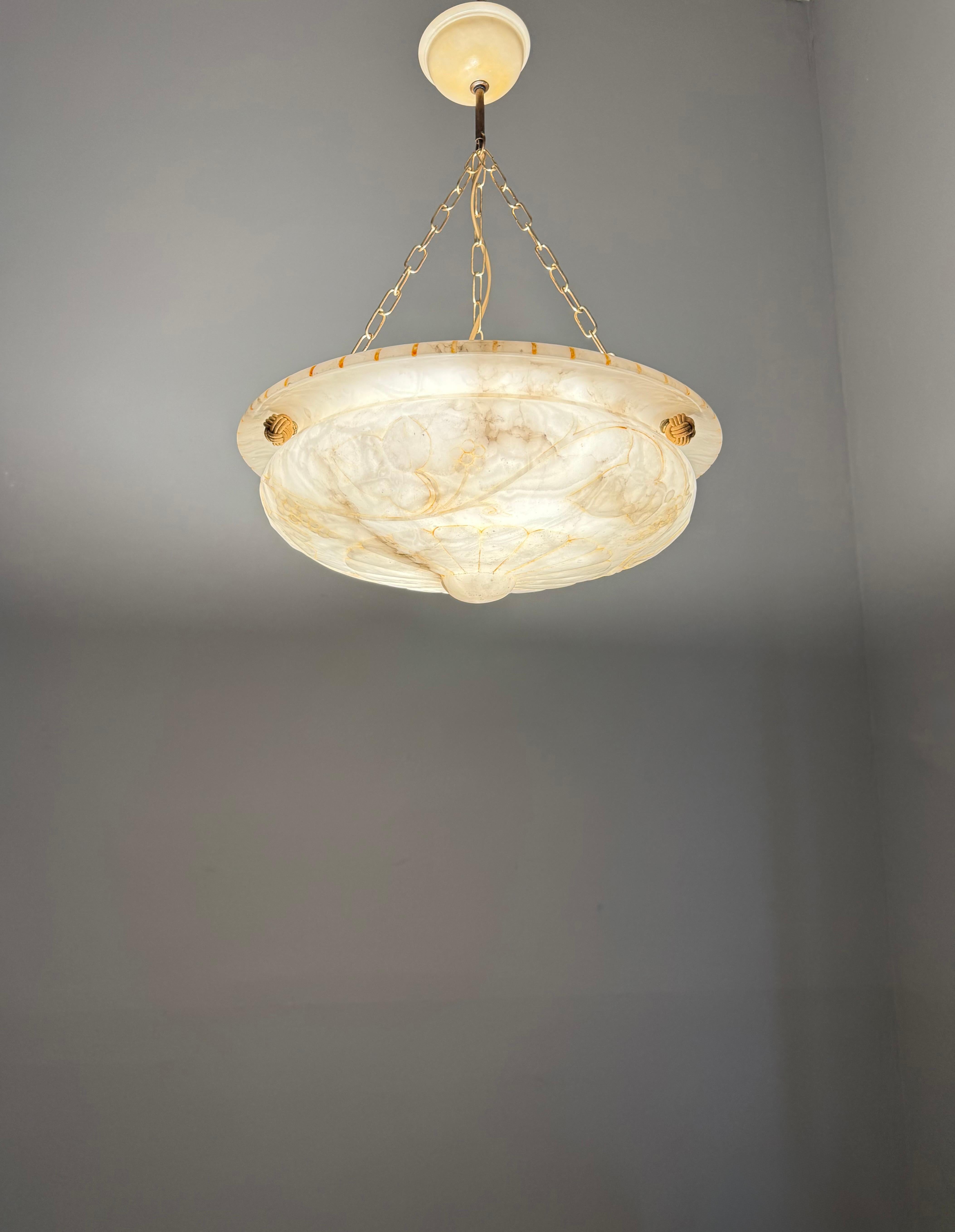 Stunning Alabaster Pendant Light Carved Flowers, Leafs &  Bunches of Grapes 1920 9