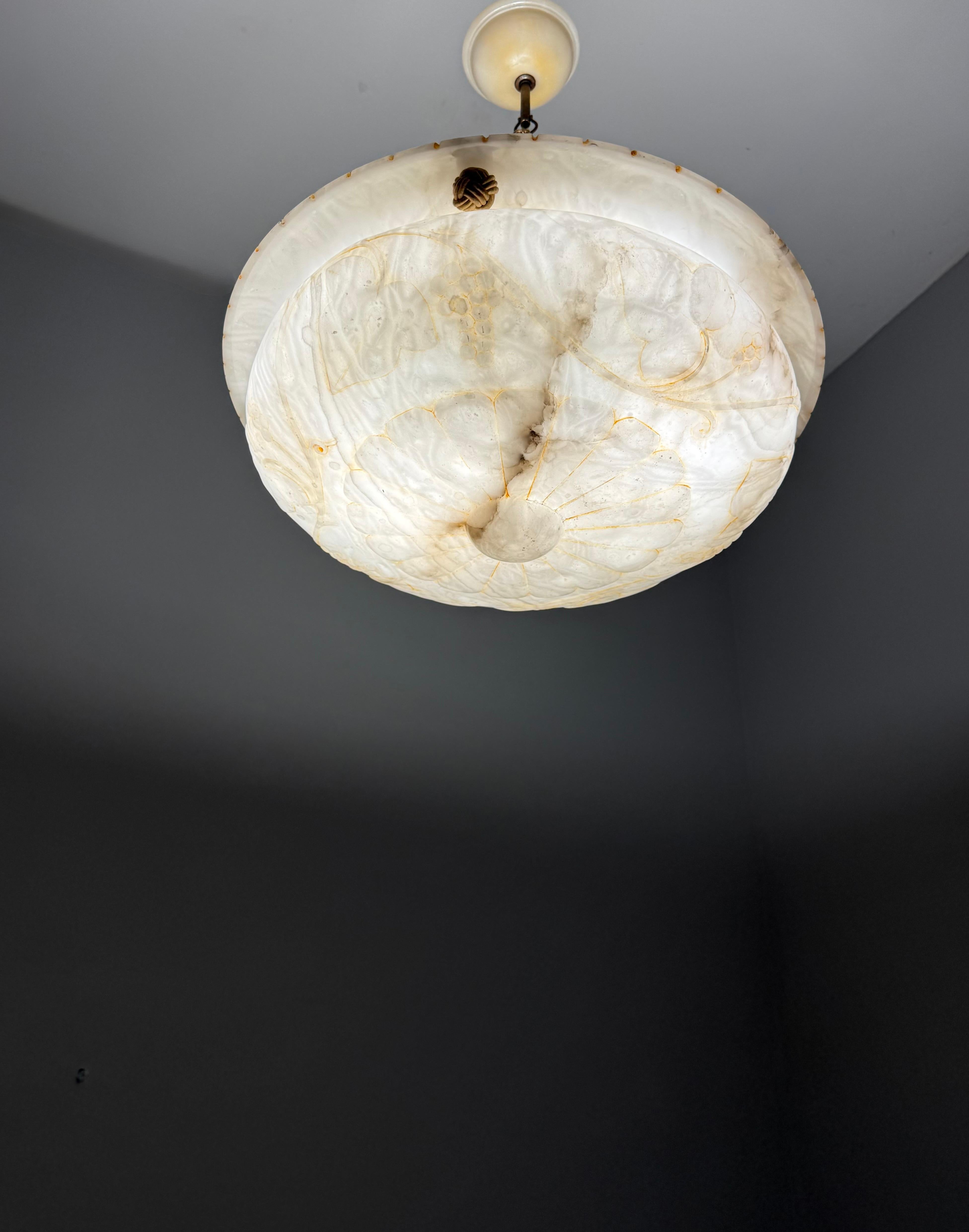 Stunning Alabaster Pendant Light Carved Flowers, Leafs &  Bunches of Grapes 1920 12