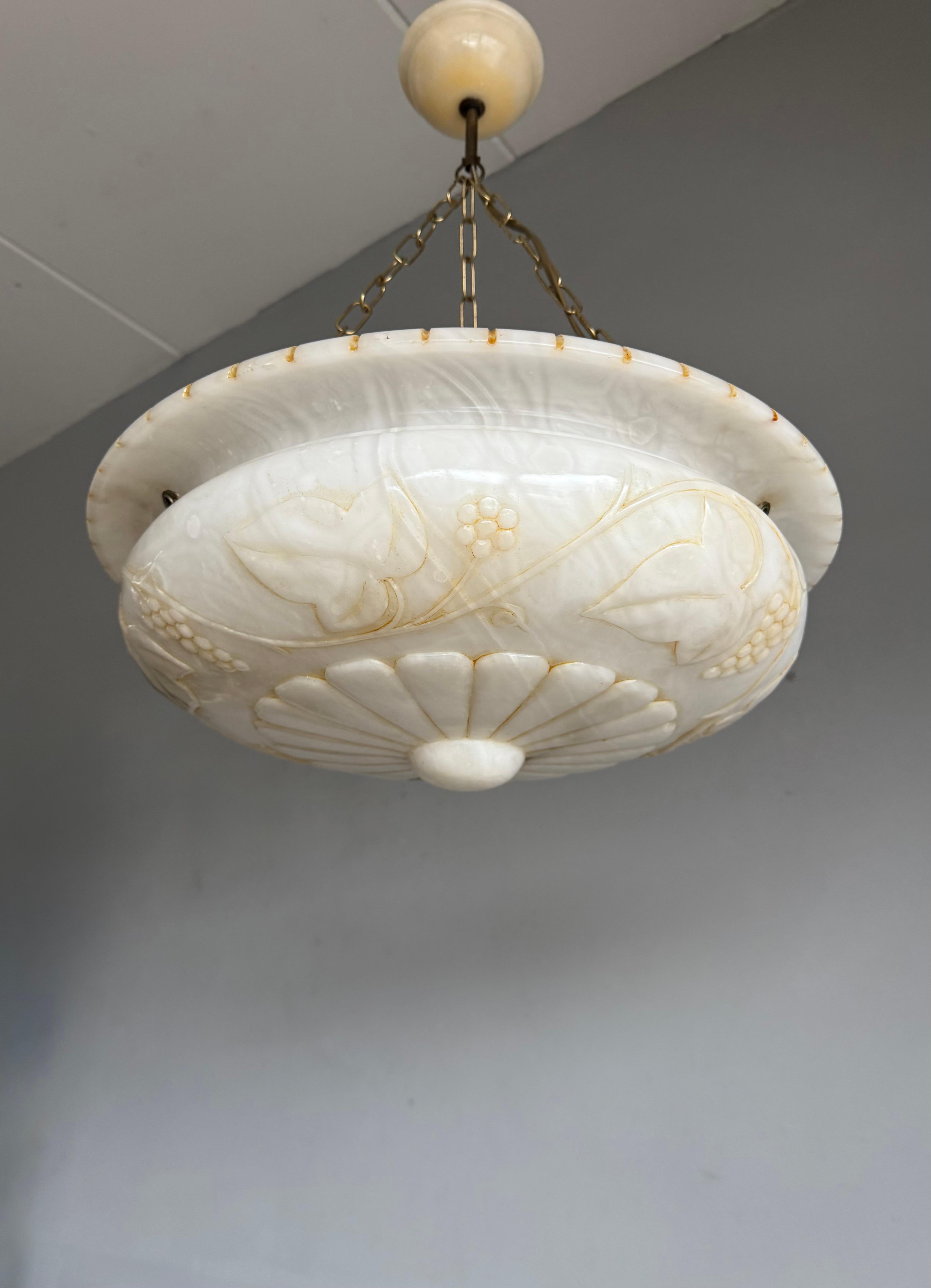 Arts and Crafts Stunning Alabaster Pendant Light Carved Flowers, Leafs &  Bunches of Grapes 1920