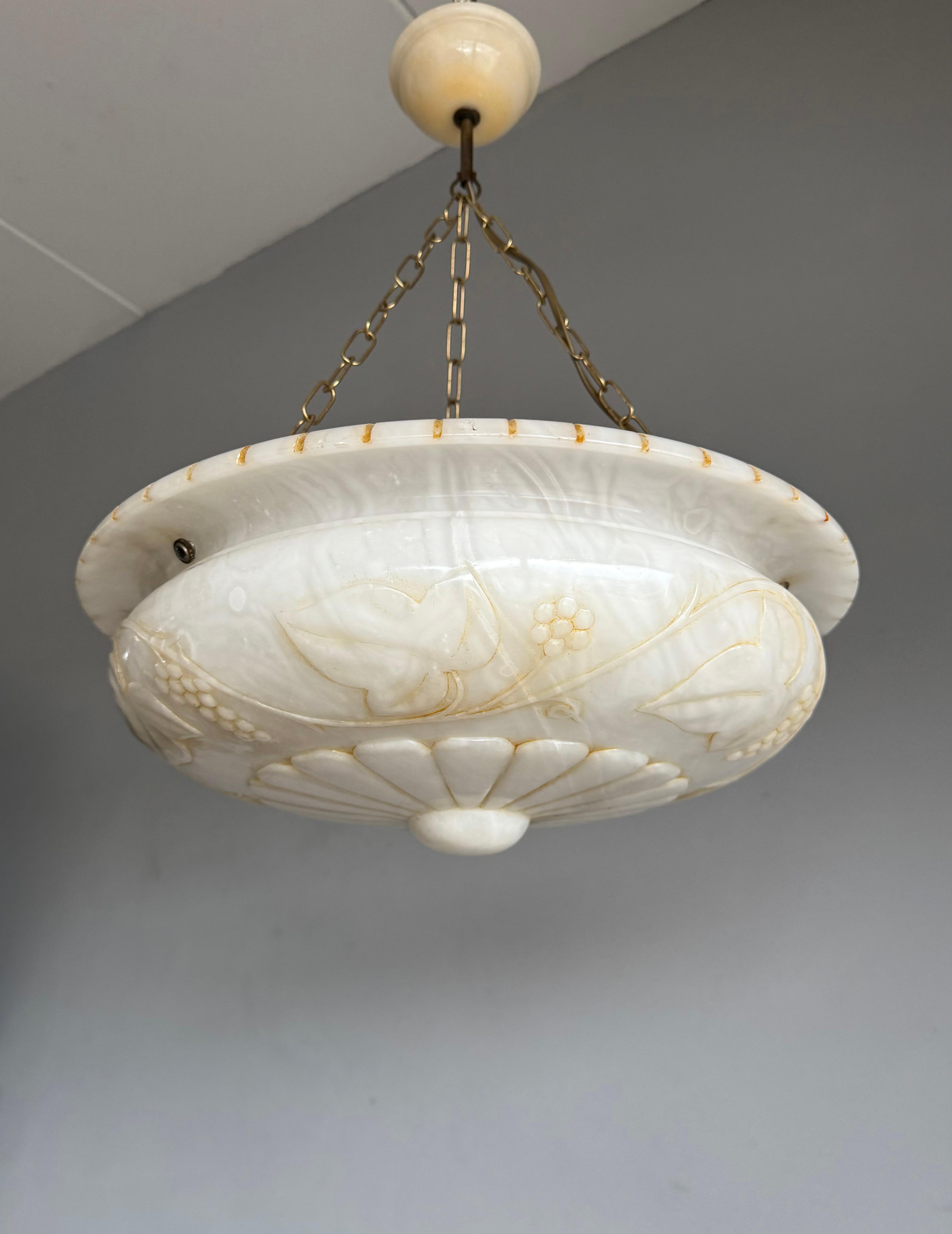 Italian Stunning Alabaster Pendant Light Carved Flowers, Leafs &  Bunches of Grapes 1920