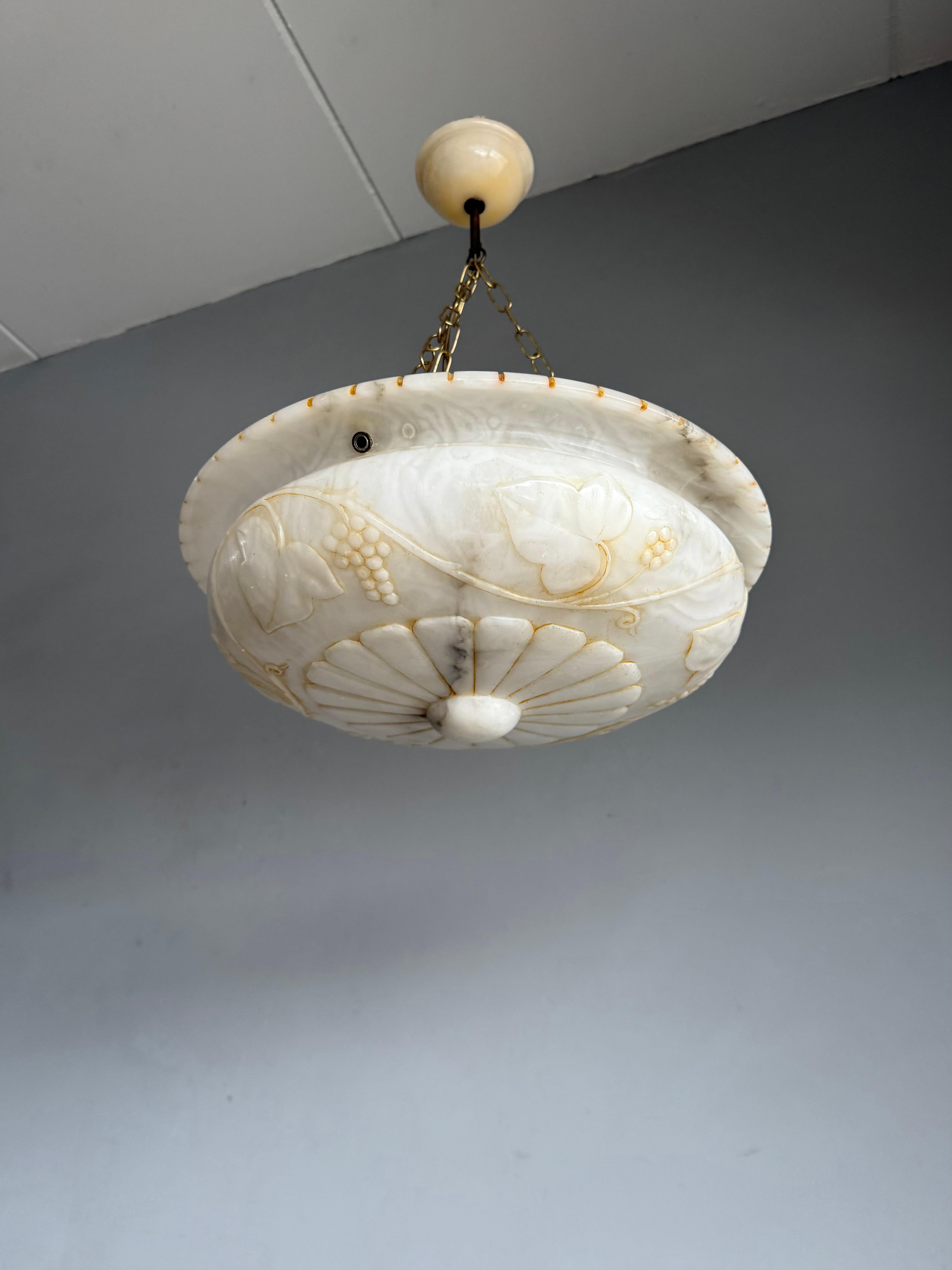 Hand-Carved Stunning Alabaster Pendant Light Carved Flowers, Leafs &  Bunches of Grapes 1920