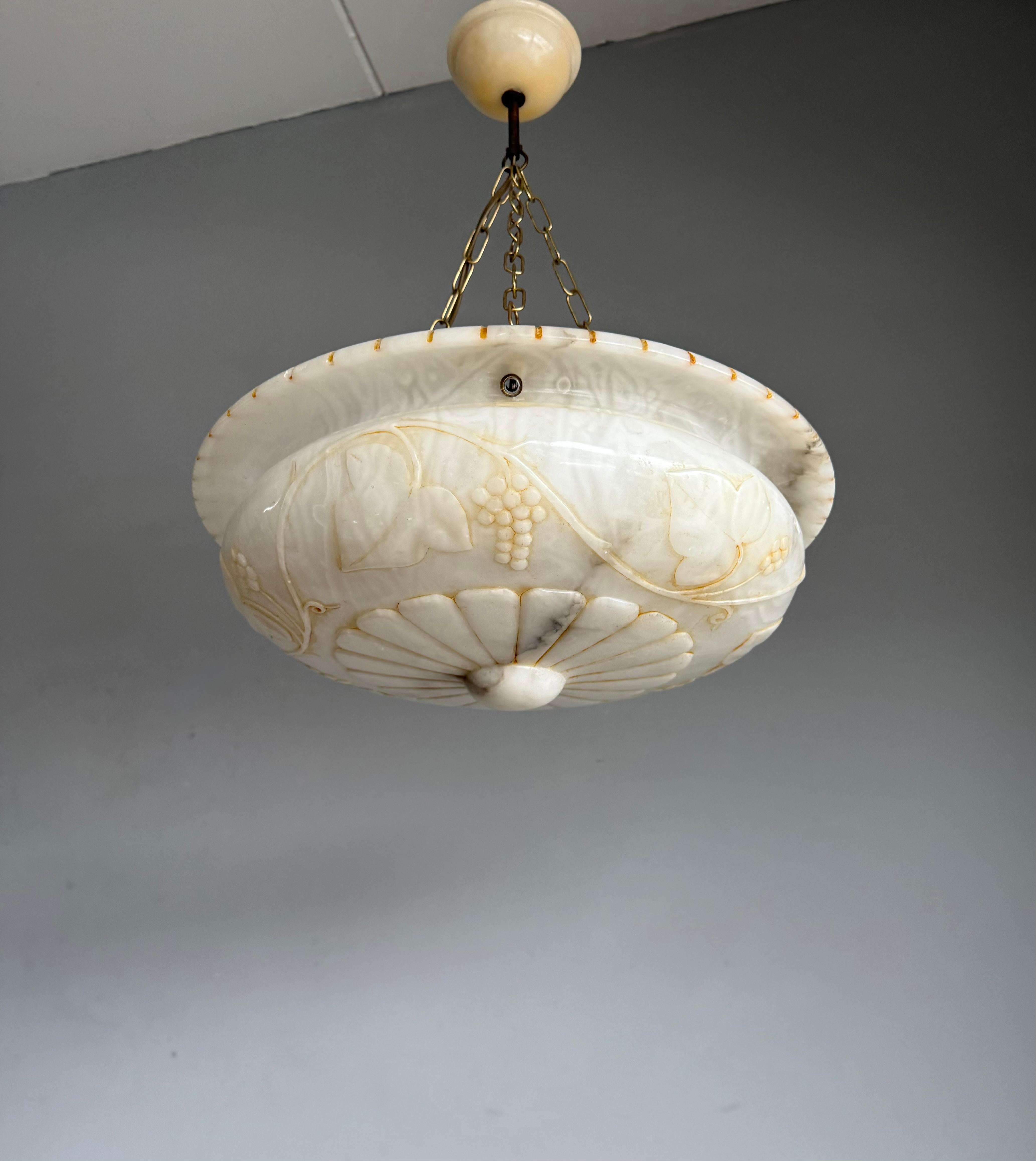 20th Century Stunning Alabaster Pendant Light Carved Flowers, Leafs &  Bunches of Grapes 1920
