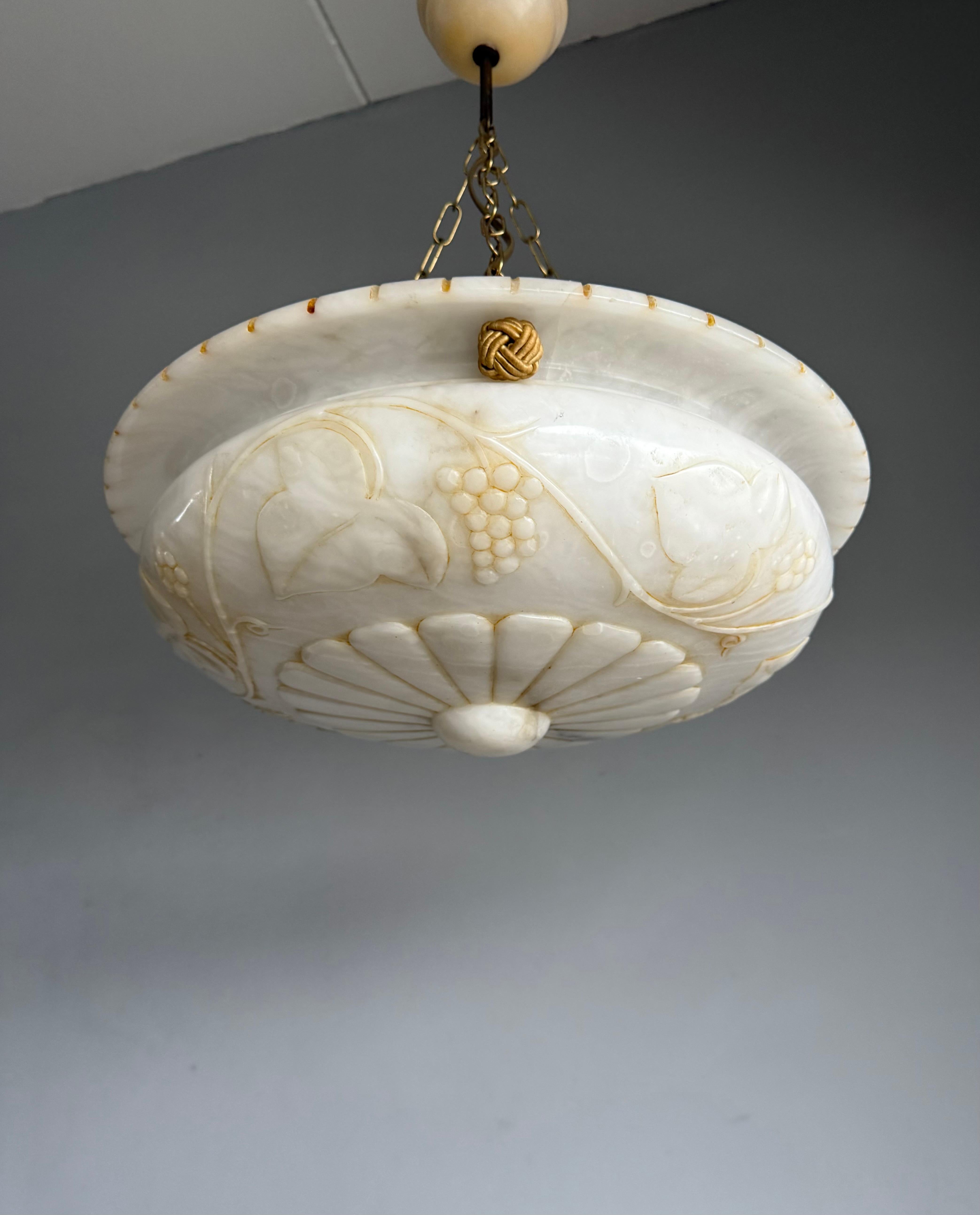 Metal Stunning Alabaster Pendant Light Carved Flowers, Leafs &  Bunches of Grapes 1920