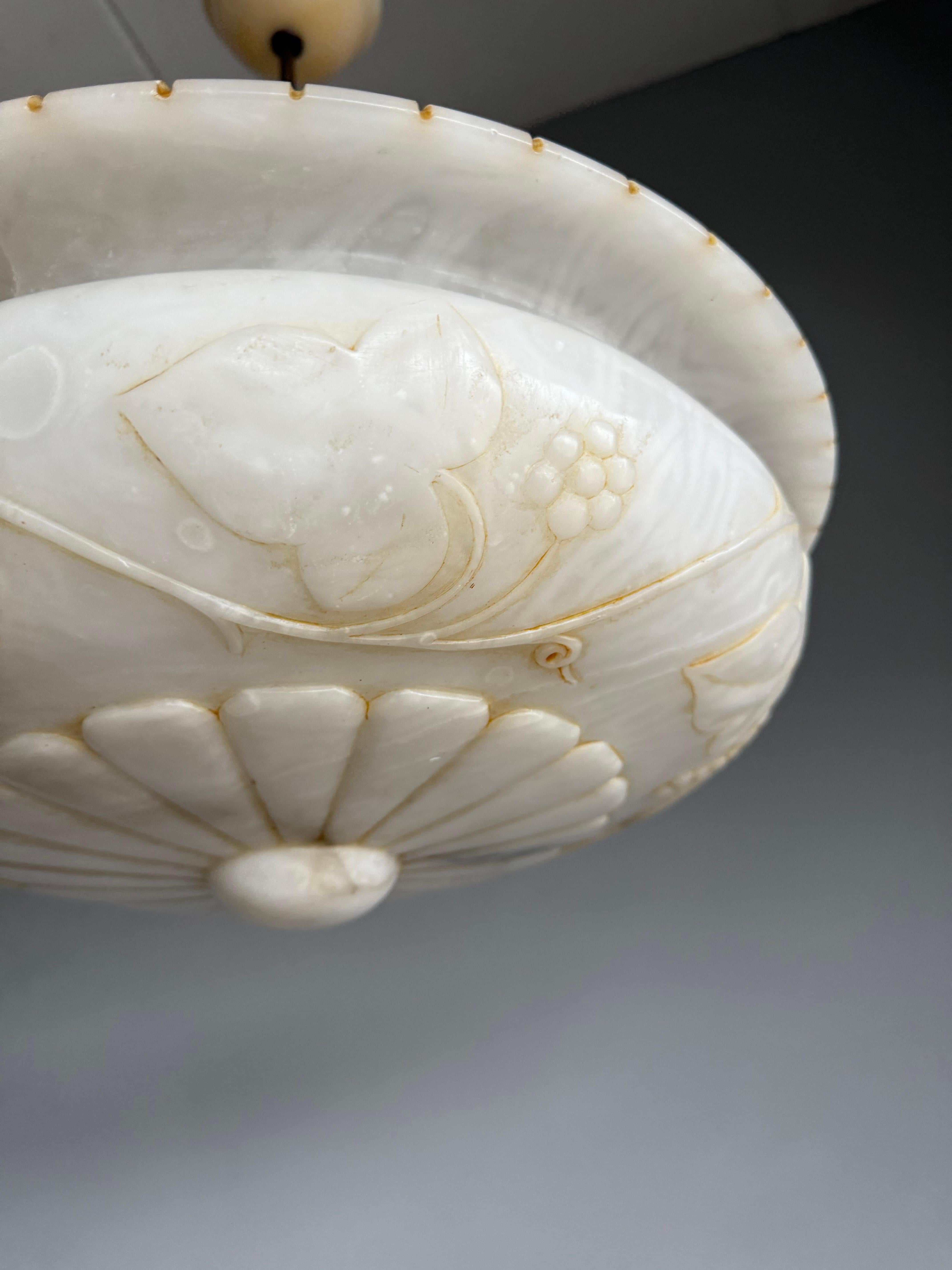 Stunning Alabaster Pendant Light Carved Flowers, Leafs &  Bunches of Grapes 1920 1