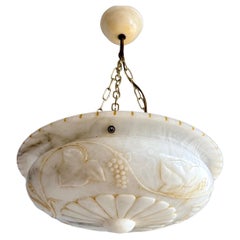 Stunning Alabaster Pendant Light Carved Flowers, Leafs & Bunches of Grapes 1920