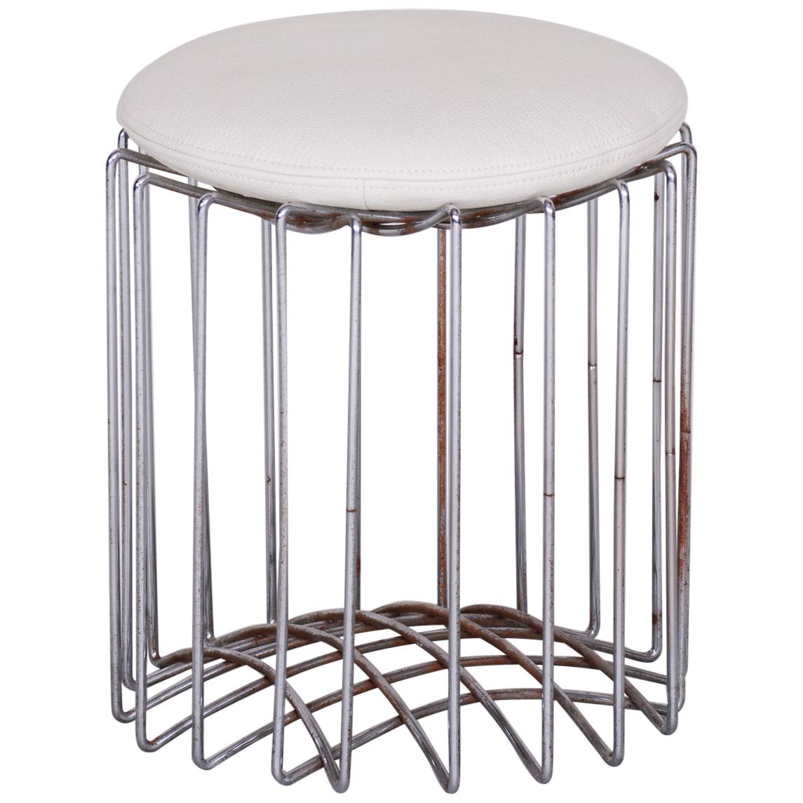 Unique White Round Bauhaus Chrome Stool, New High Quality Leather, 1930s For Sale