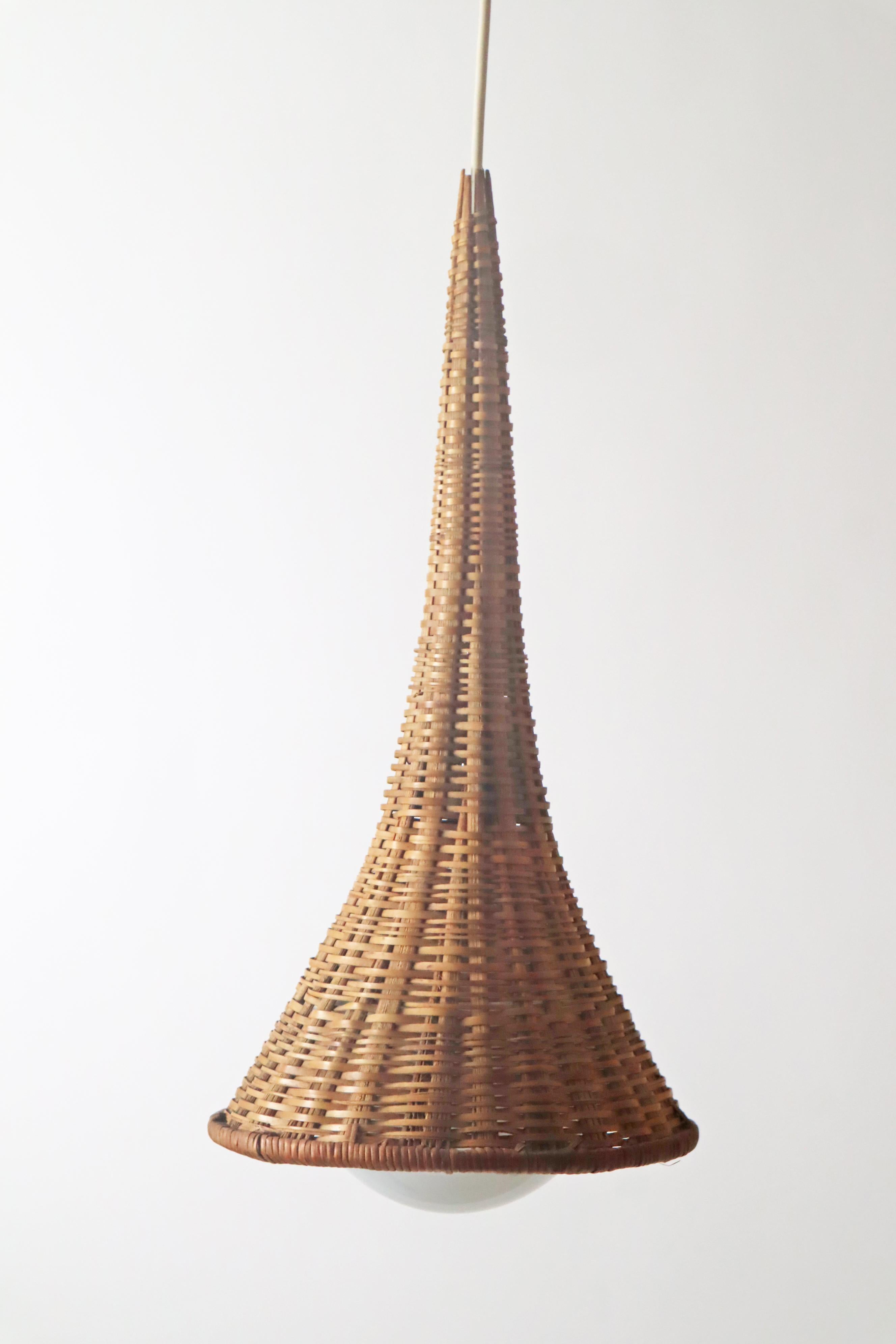 Unique Witch Hat Pendant Lamp made of Rattan and White Glass, Italy 1960s 3