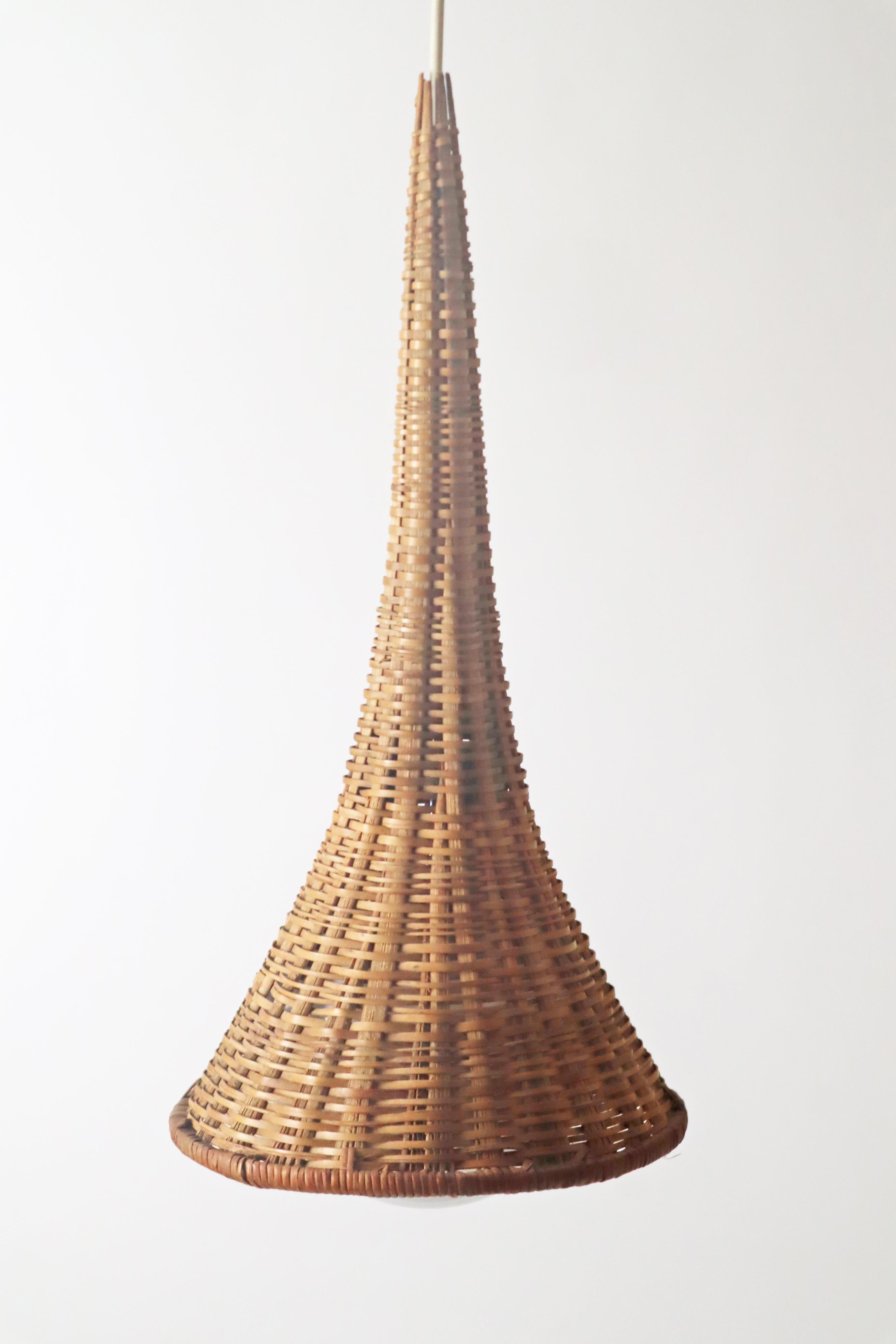 Unique Witch Hat Pendant Lamp made of Rattan and White Glass, Italy 1960s 4