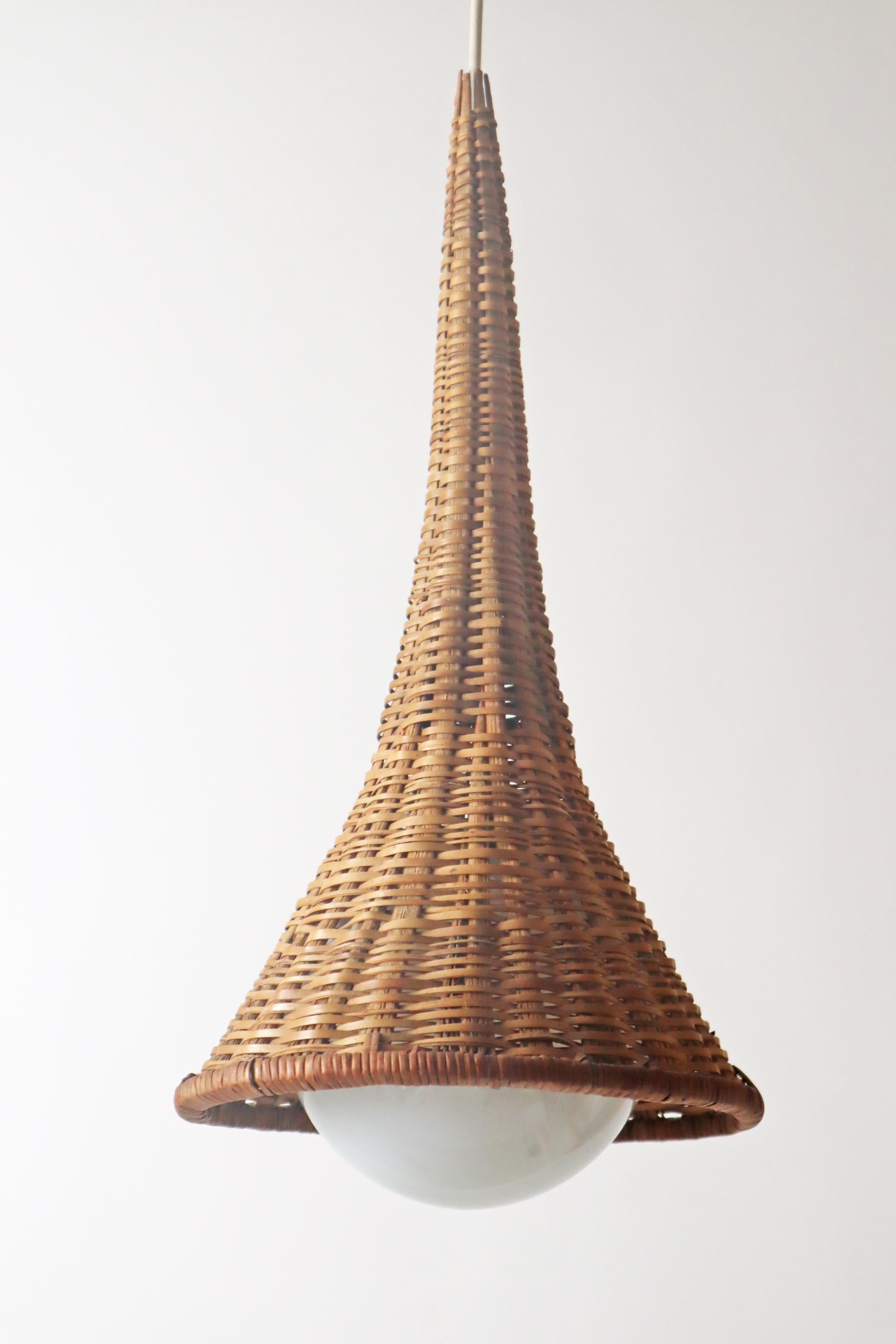 Unique Witch Hat Pendant Lamp made of Rattan and White Glass, Italy 1960s 5