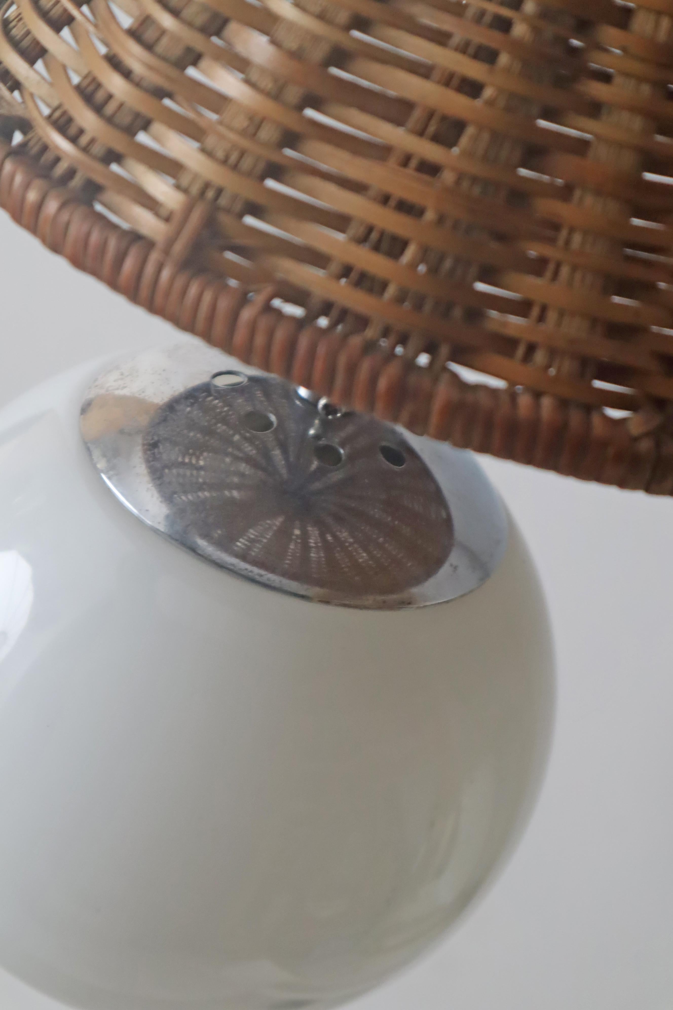 Unique Witch Hat Pendant Lamp made of Rattan and White Glass, Italy 1960s 6