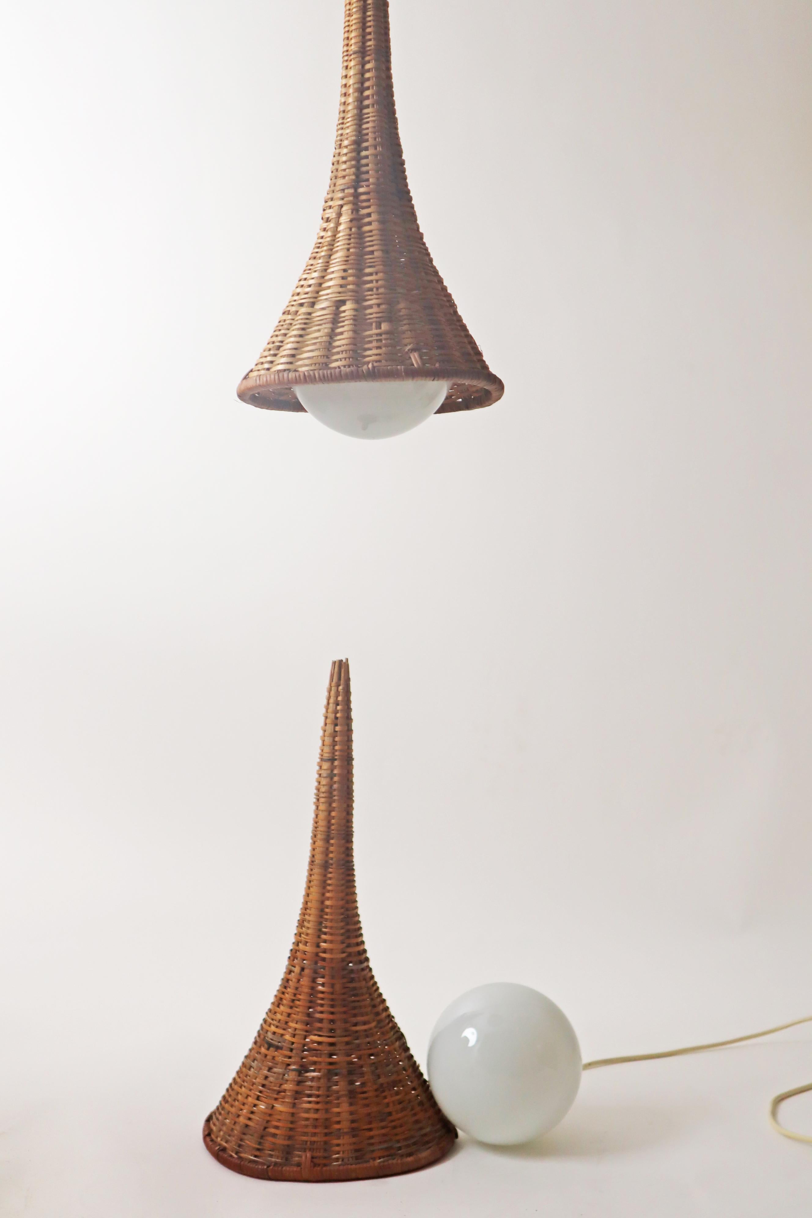 Unique Witch Hat Pendant Lamp made of Rattan and White Glass, Italy 1960s 13