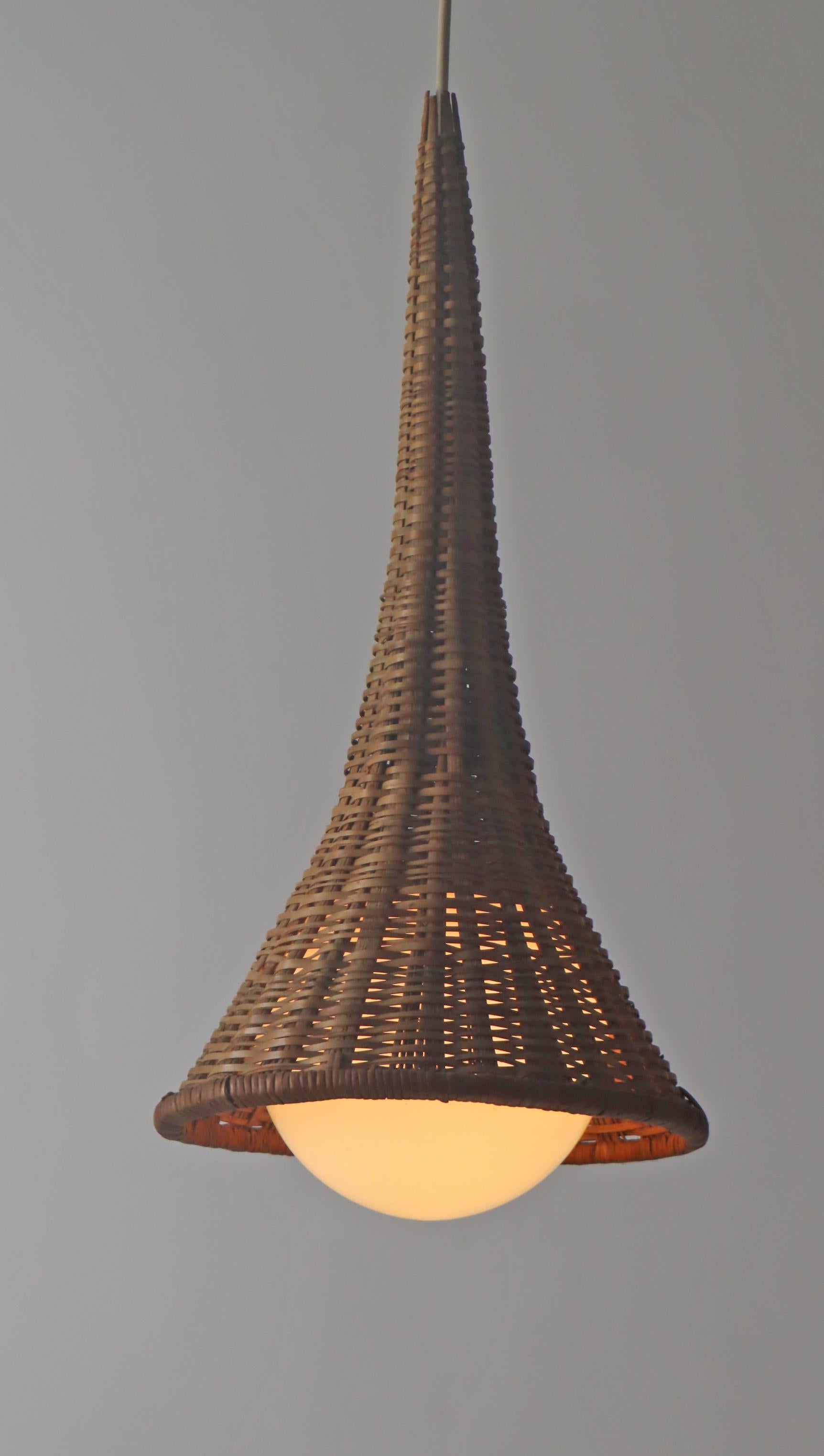 Mid-Century Modern Unique Witch Hat Pendant Lamp made of Rattan and White Glass, Italy 1960s