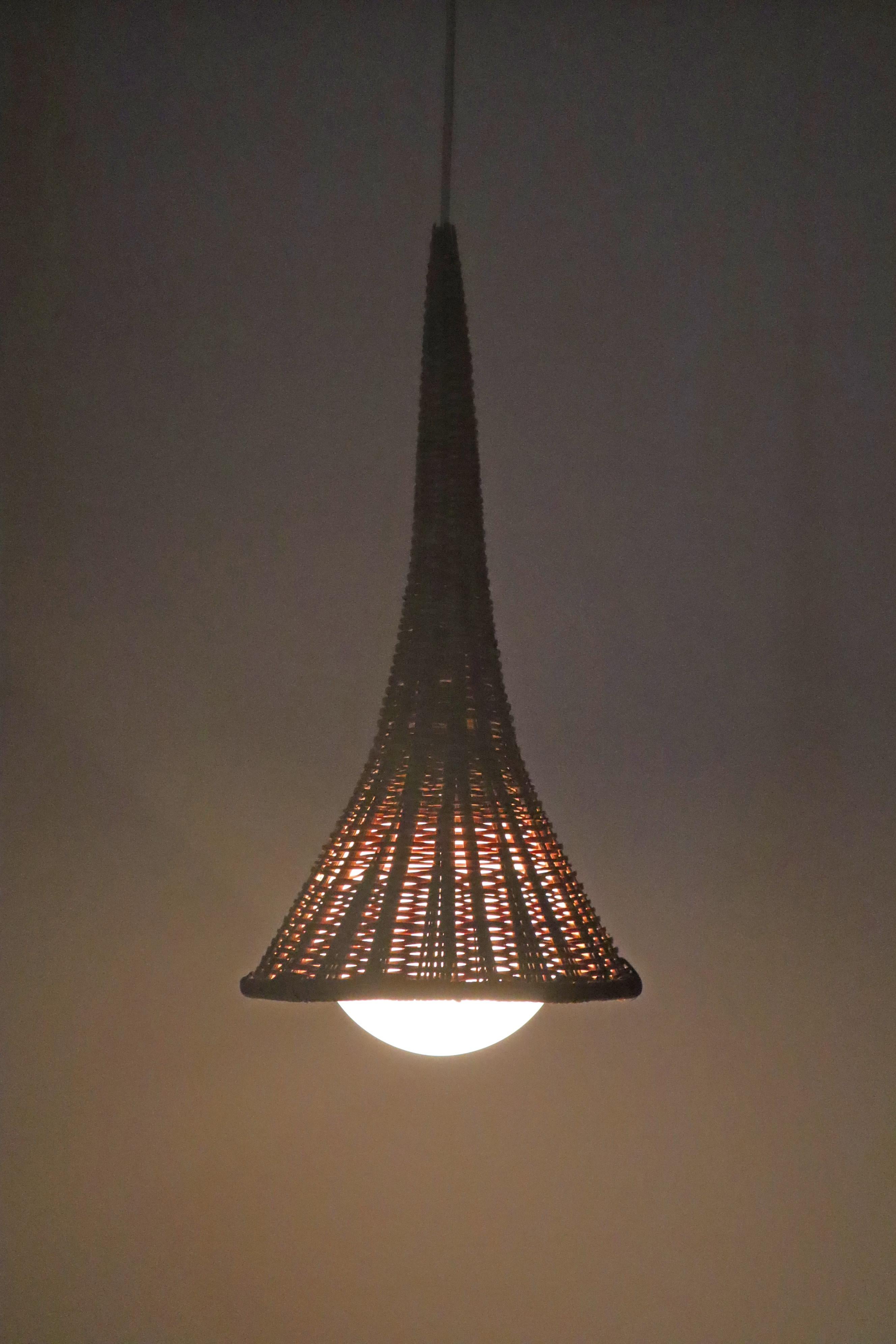 Italian Unique Witch Hat Pendant Lamp made of Rattan and White Glass, Italy 1960s