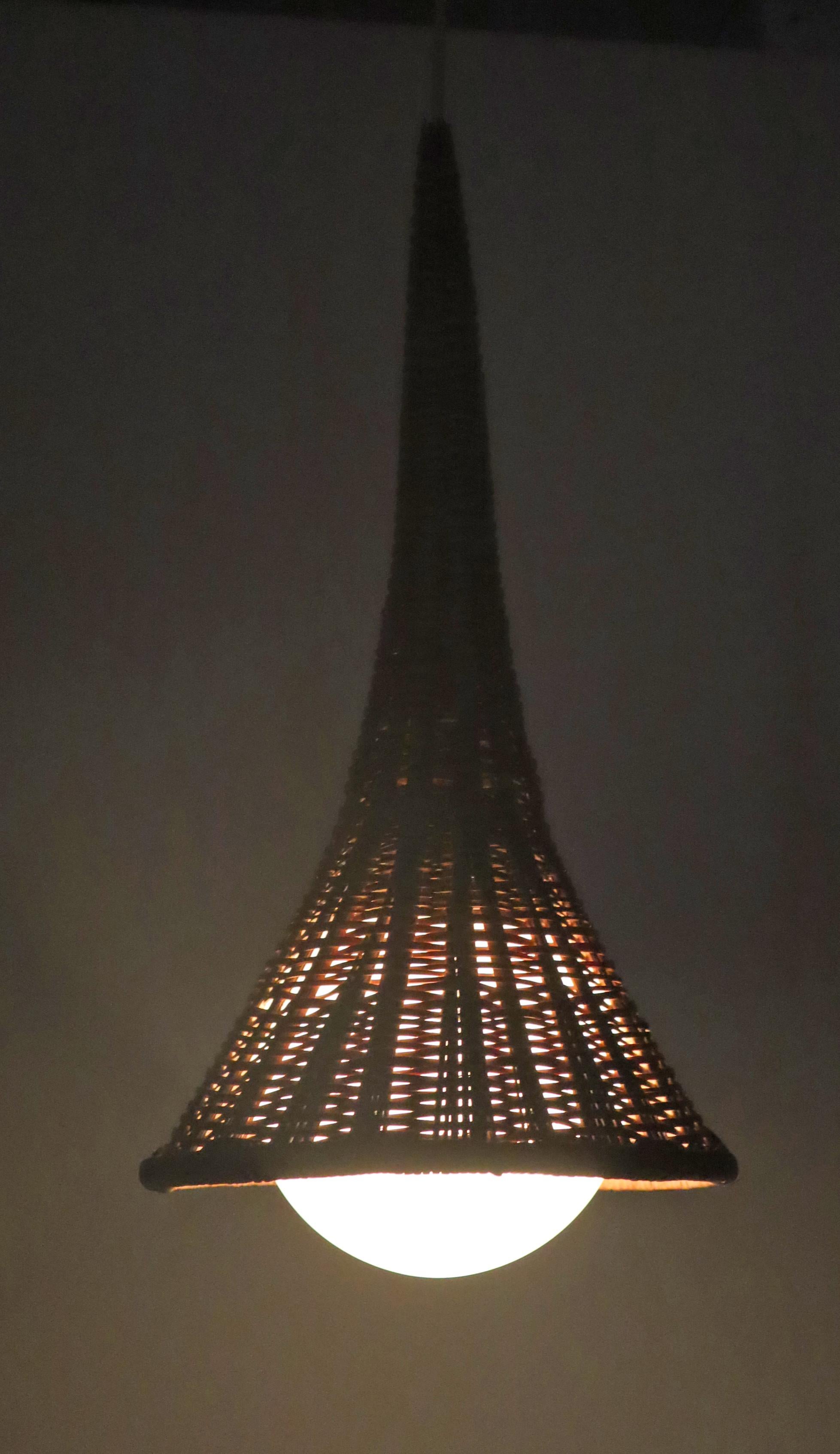 Machine-Made Unique Witch Hat Pendant Lamp made of Rattan and White Glass, Italy 1960s
