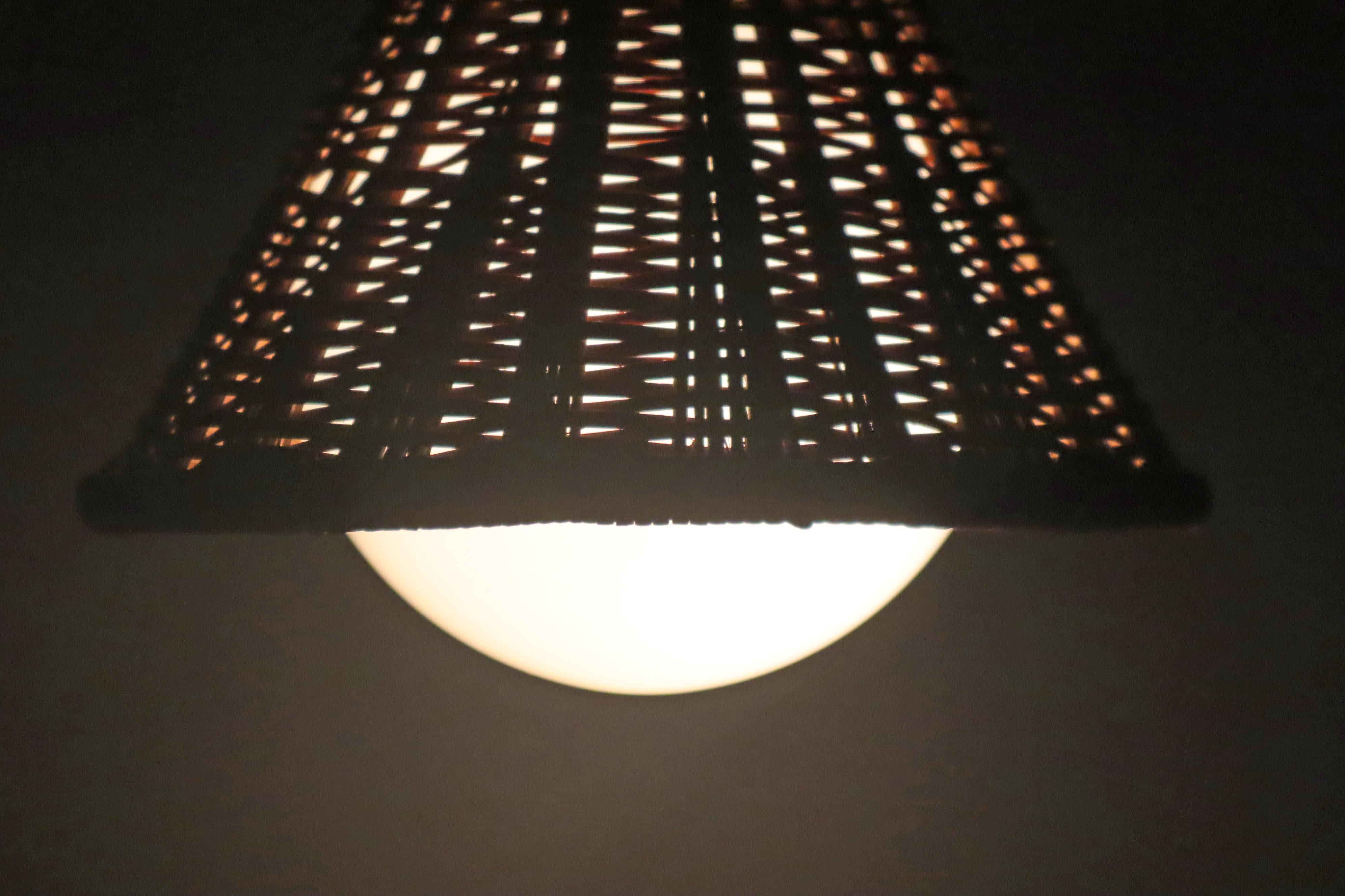 Unique Witch Hat Pendant Lamp made of Rattan and White Glass, Italy 1960s In Good Condition In Hannover, DE