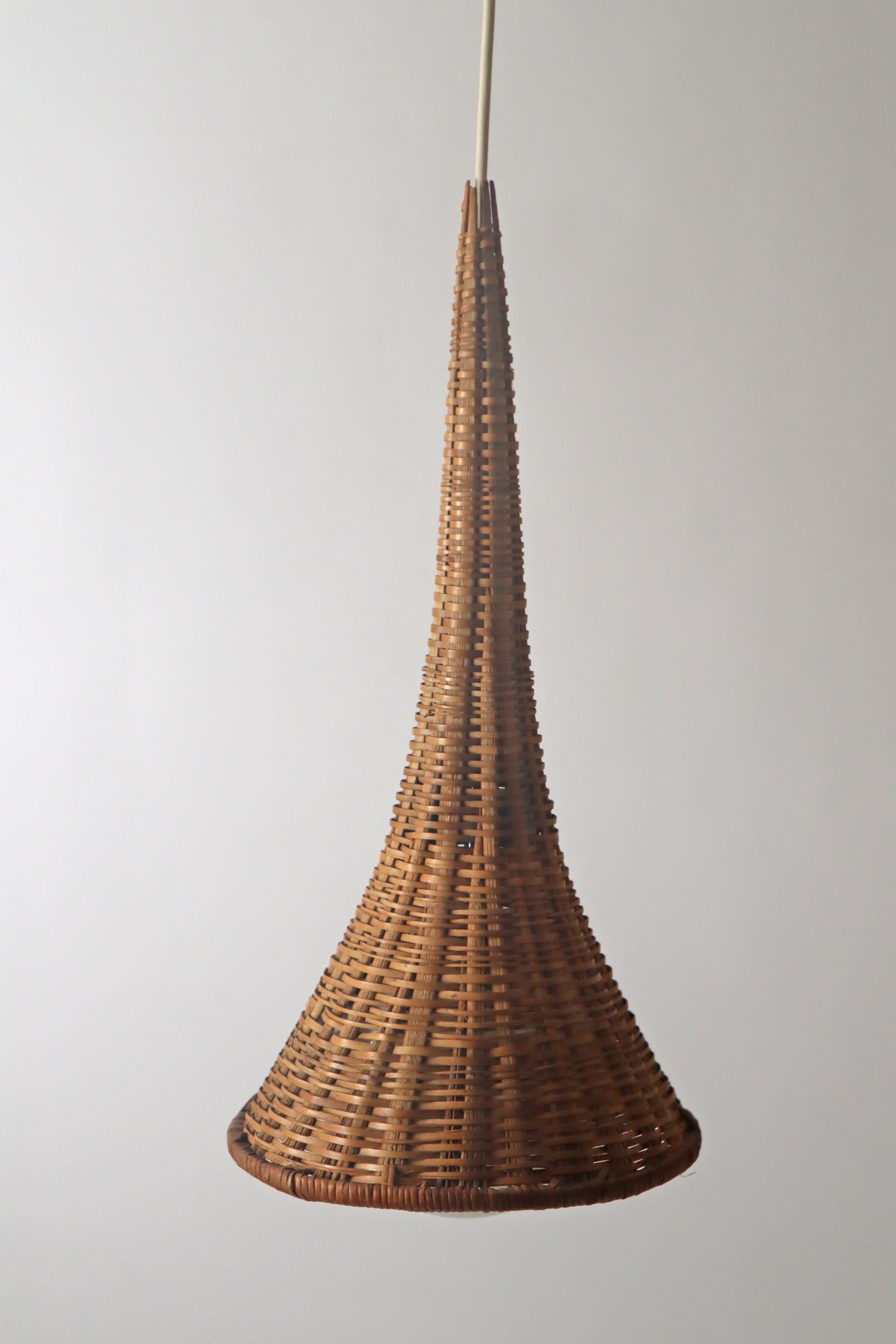 Unique Witch Hat Pendant Lamp made of Rattan and White Glass, Italy 1960s 1