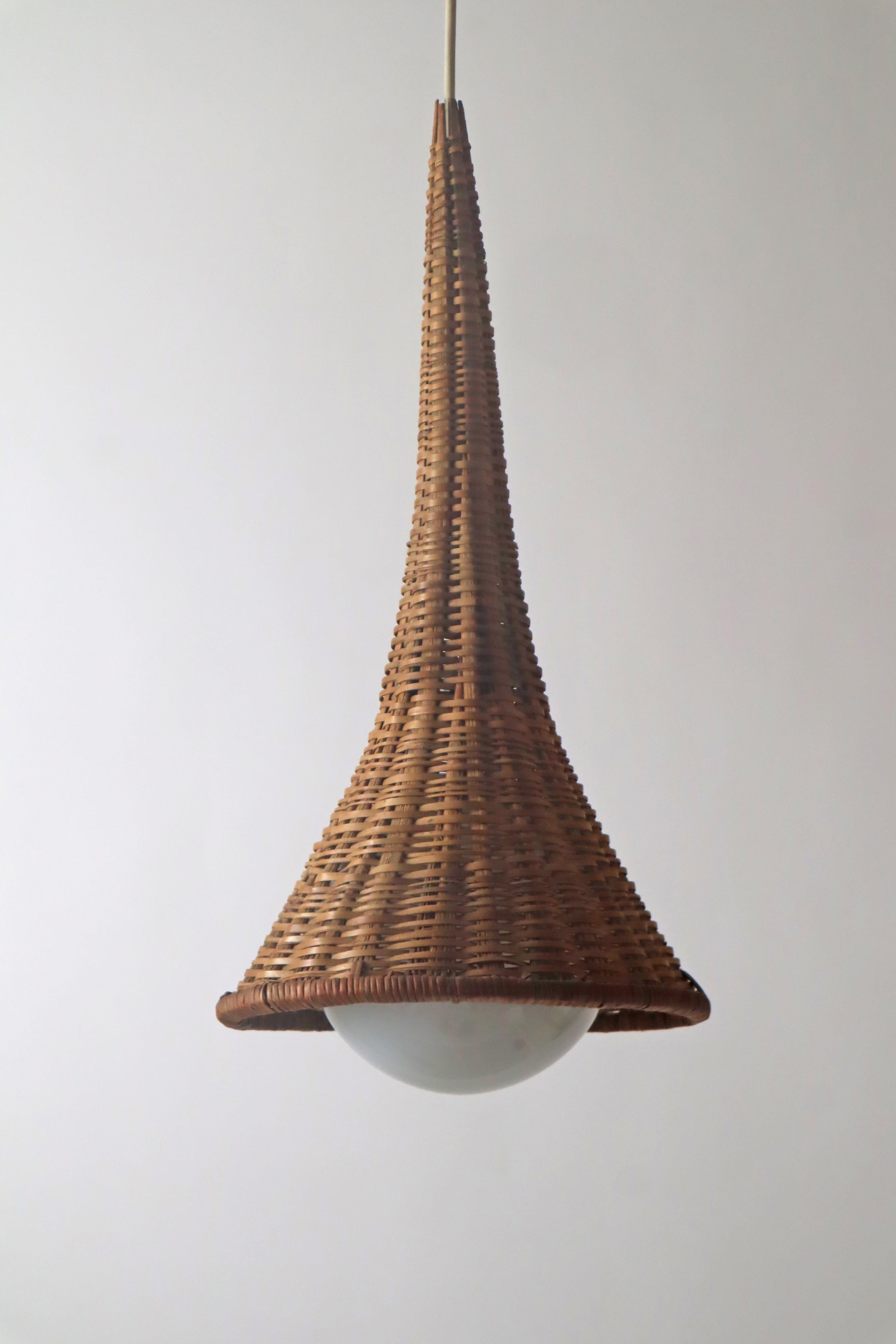 Unique Witch Hat Pendant Lamp made of Rattan and White Glass, Italy 1960s 2