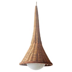 Unique Witch Hat Pendant Lamp made of Rattan and White Glass, Italy 1960s
