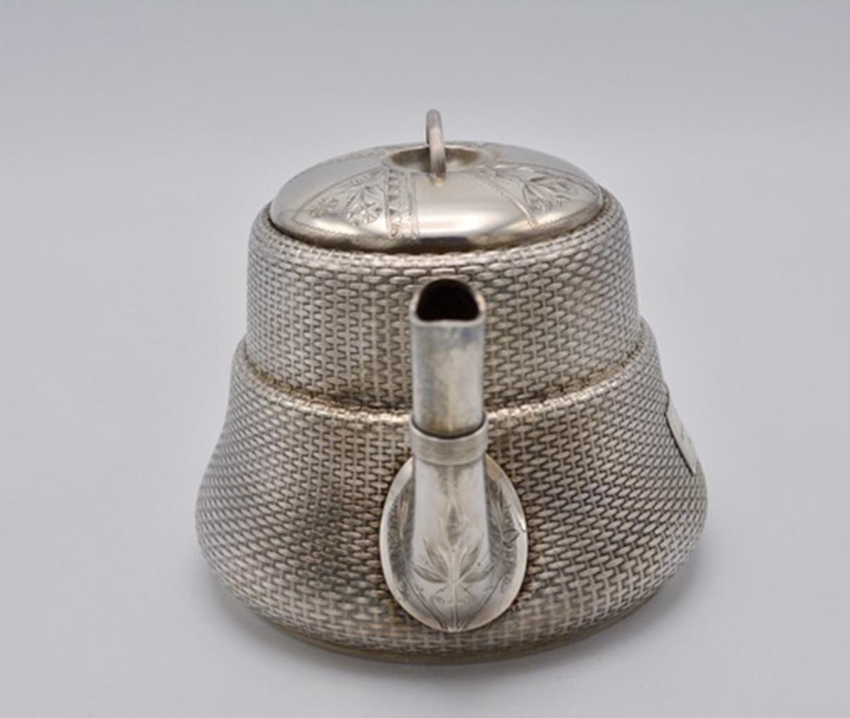 Victorian Unique Wood and Hughes 3-Piece Sterling Silver Japaneseque Basket-Weave Tea Set
