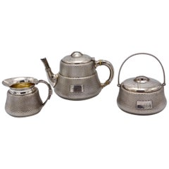 Unique Wood and Hughes 3-Piece Sterling Silver Japaneseque Basket-Weave Tea Set