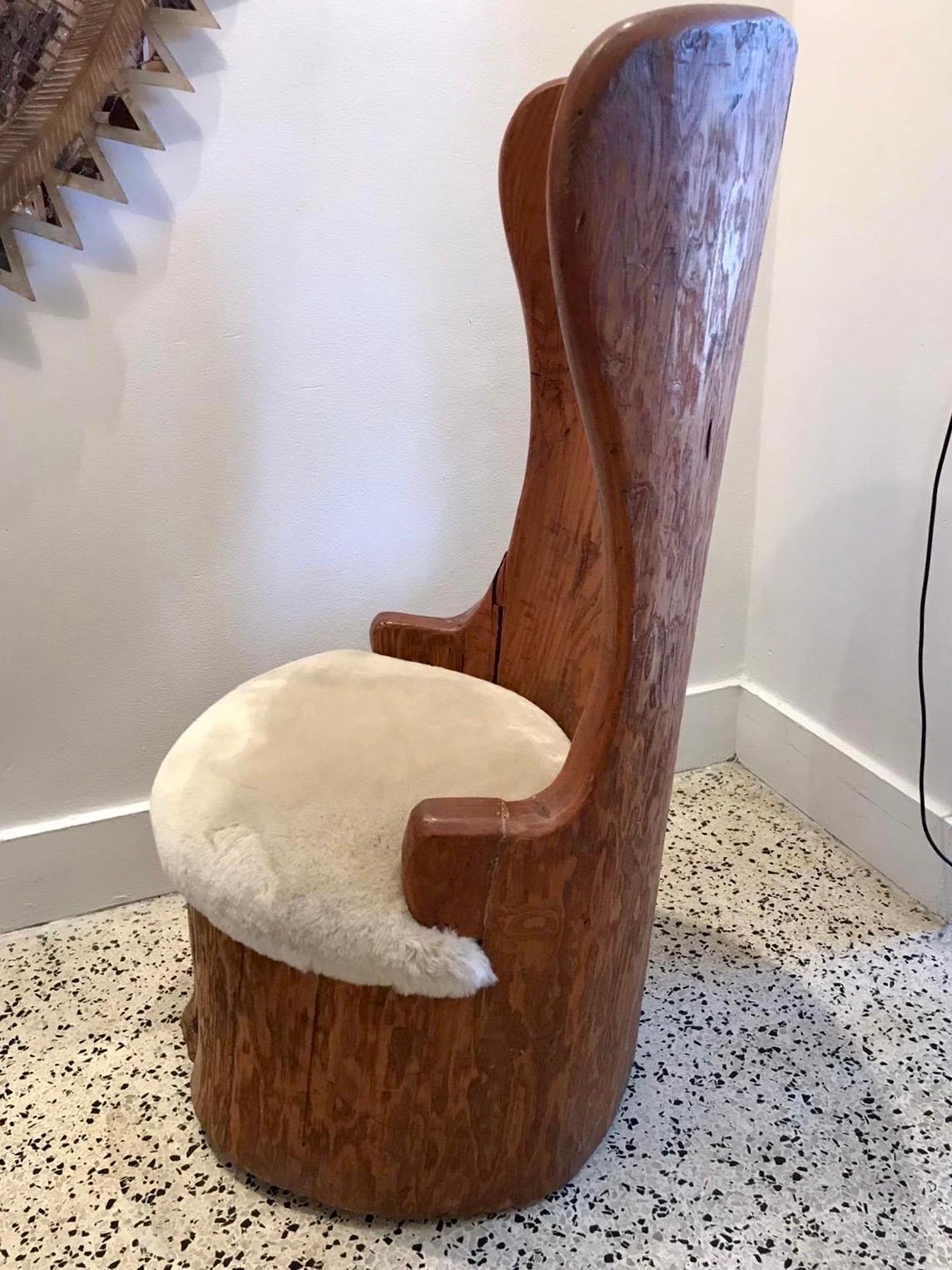 Unique Wood Carved Trunk Chair with Shearling Seat 1