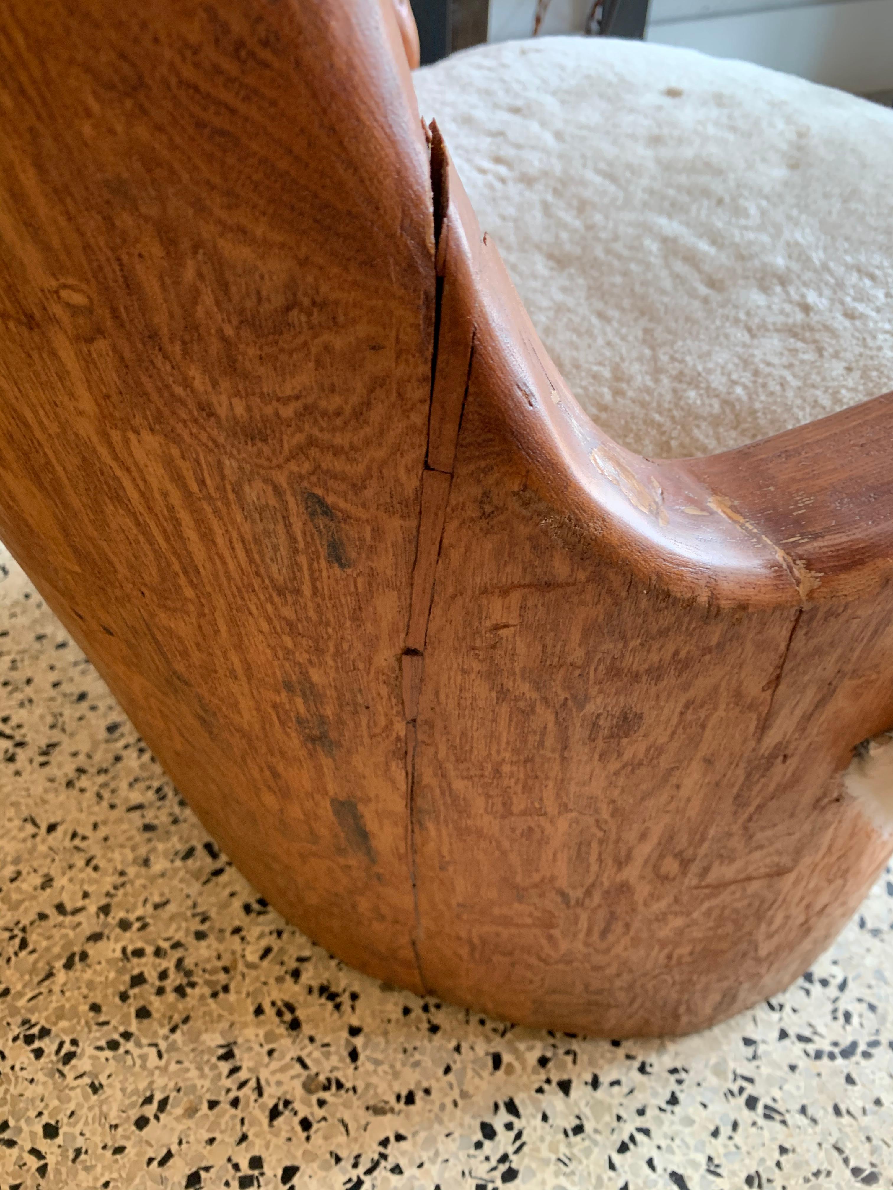 Unique Wood Carved Trunk Chair with Shearling Seat 10