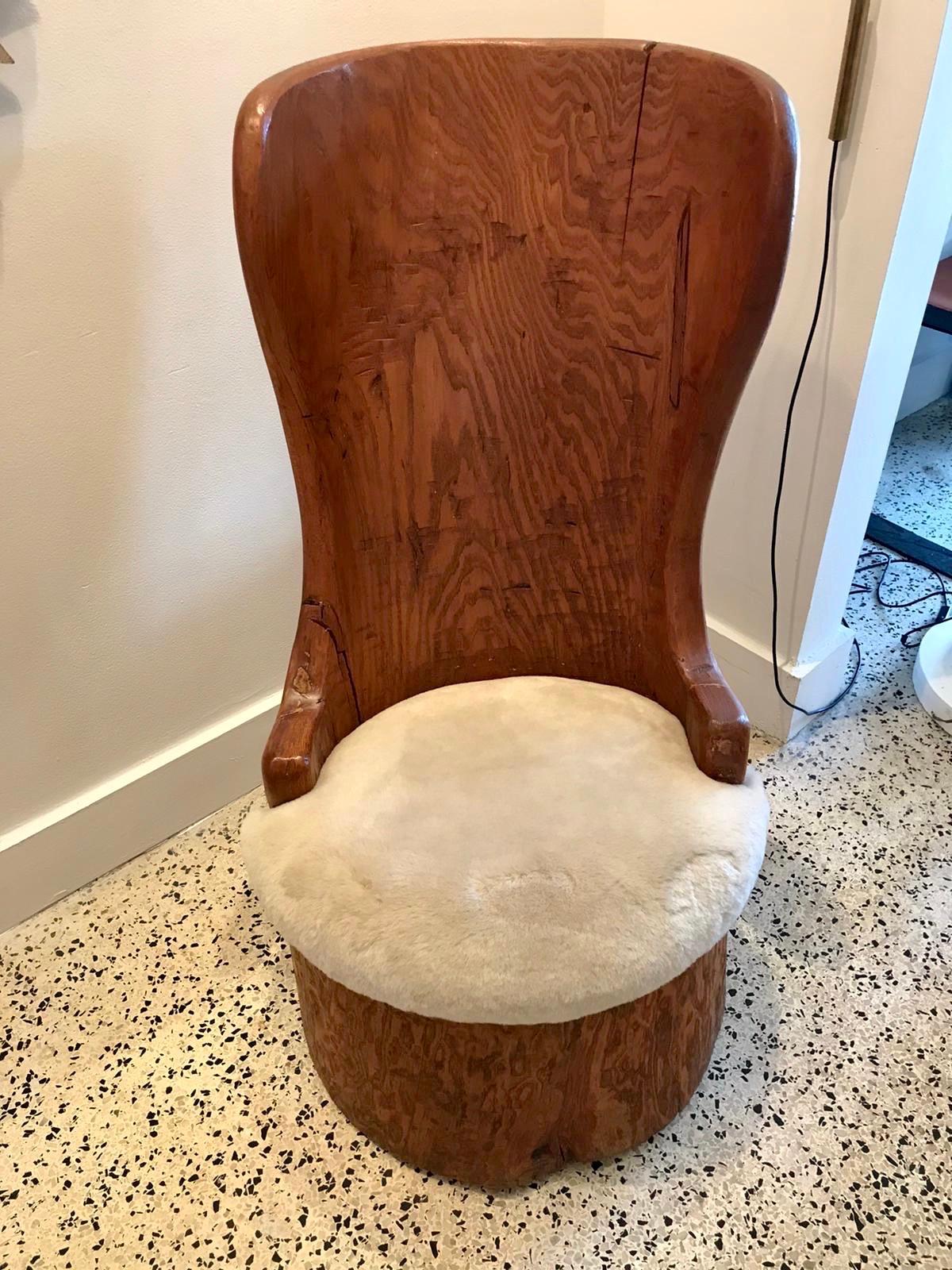Organic Modern Unique Wood Carved Trunk Chair with Shearling Seat