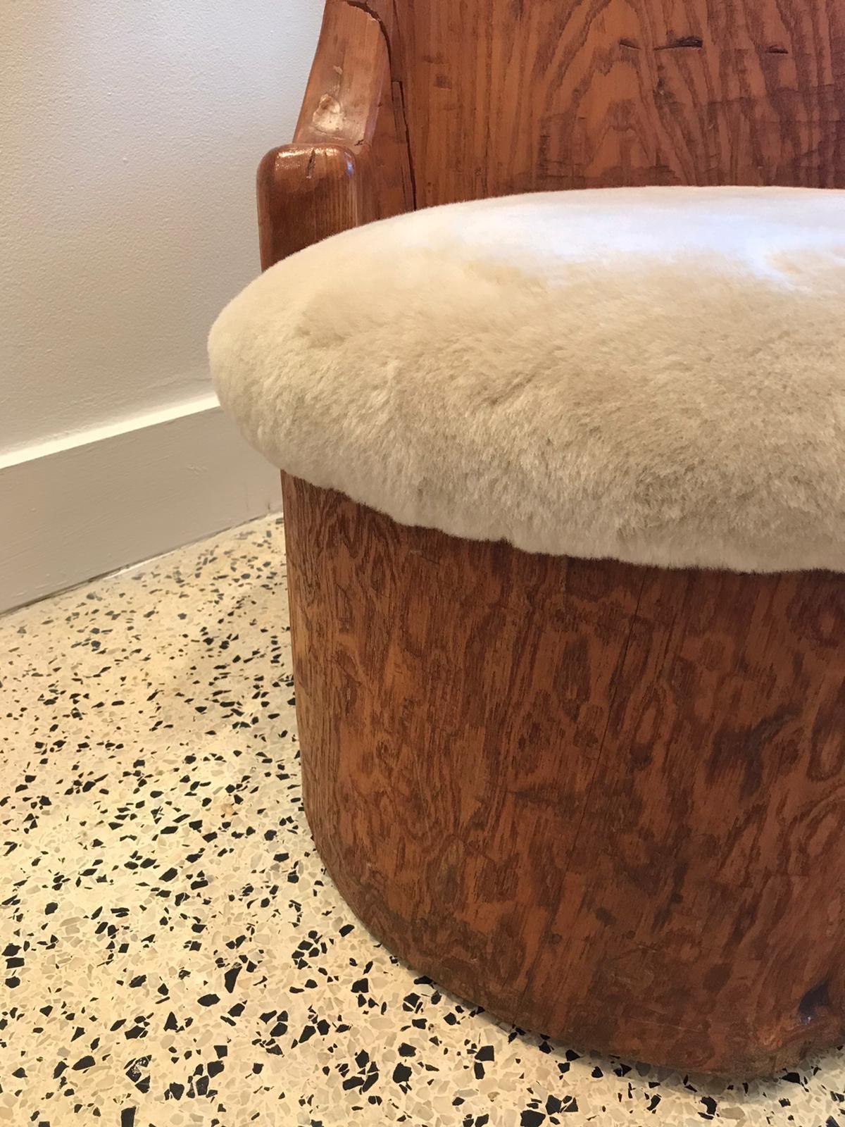 American Unique Wood Carved Trunk Chair with Shearling Seat