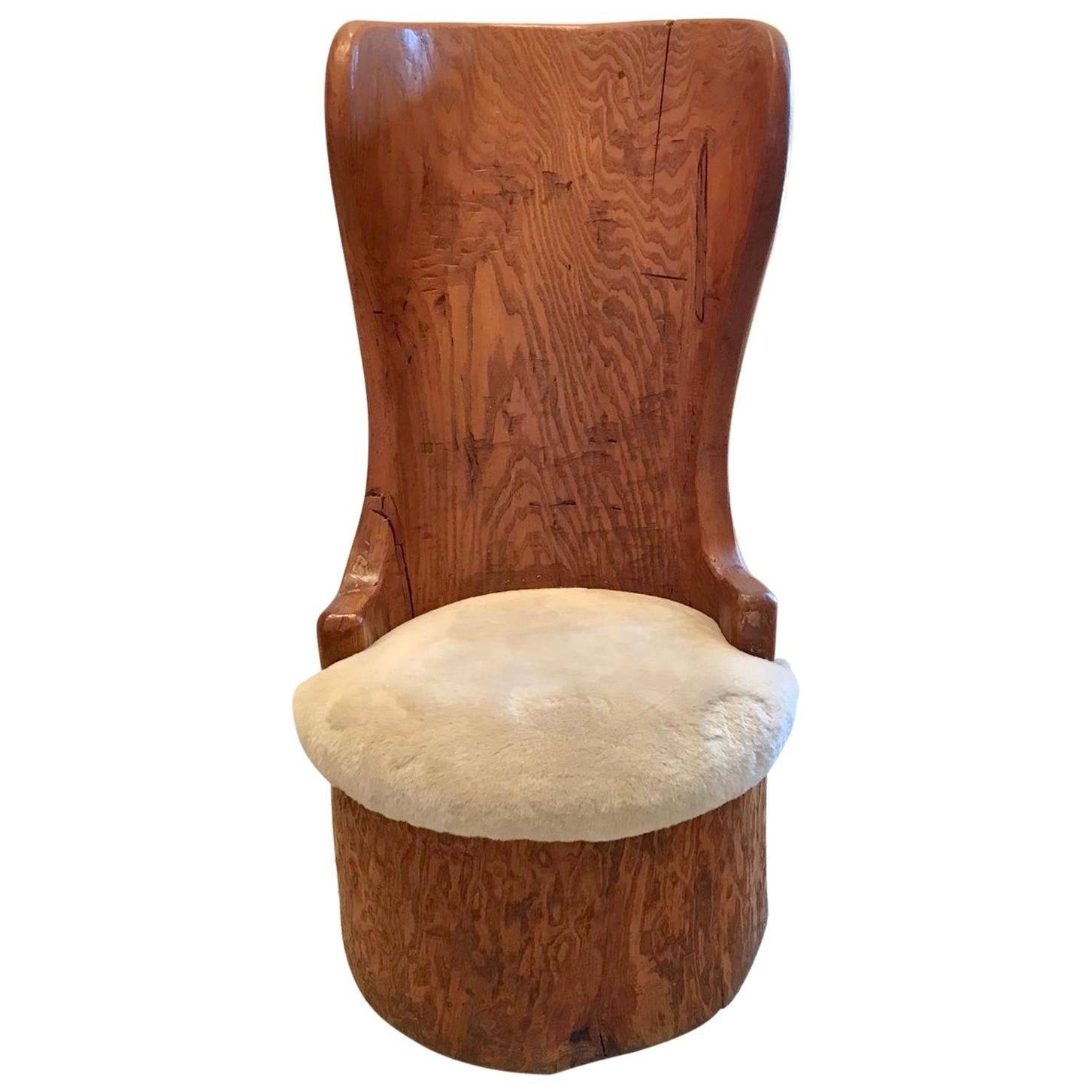 Unique Wood Carved Trunk Chair with Shearling Seat