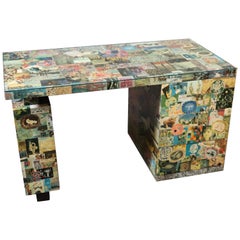 Unique Wrapped Collage Mid-Century Modern Artistic Writing Desk Table circa 1960