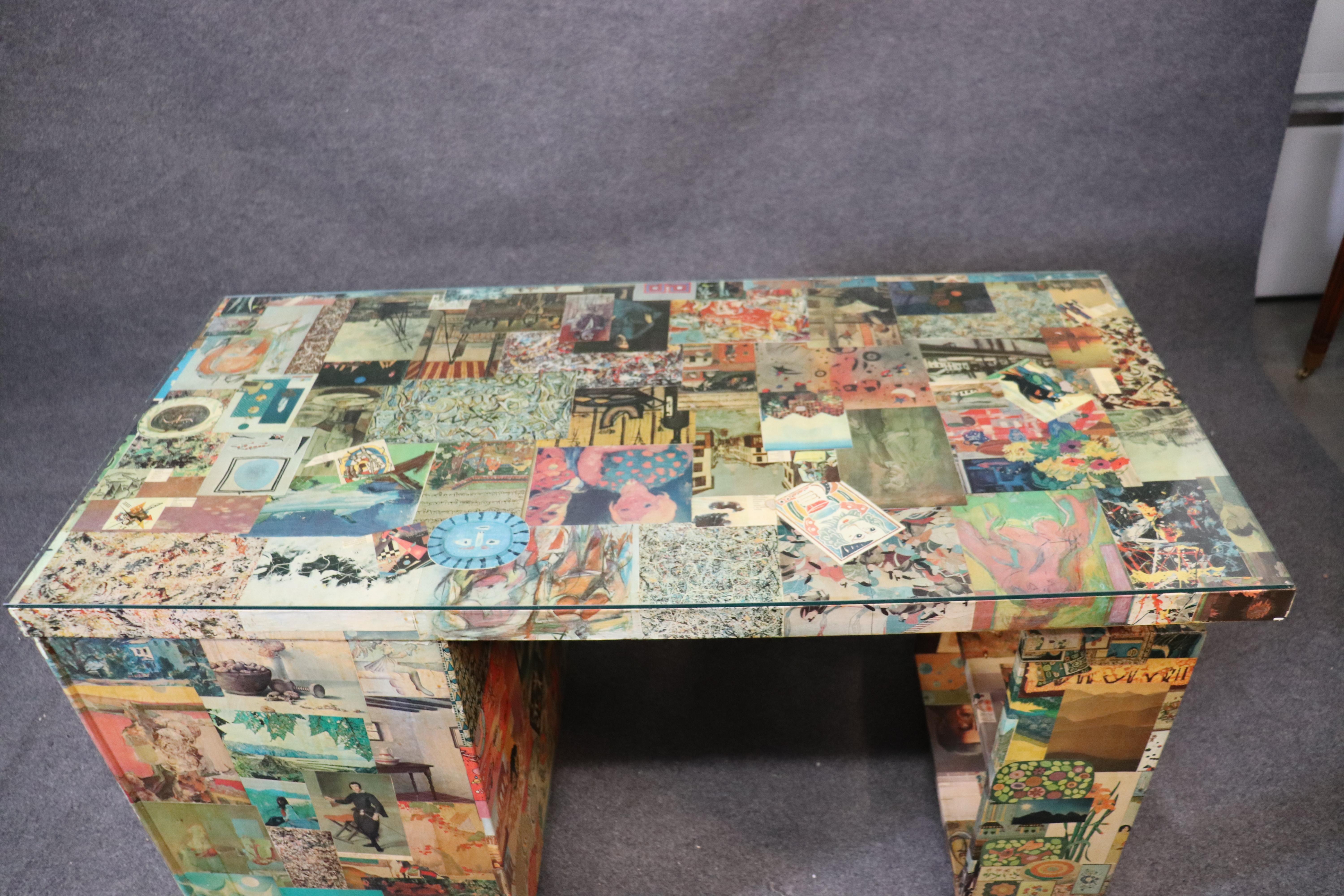Mid-20th Century Unique Wrapped Collage Mid-Century Modern Artistic Writing Desk Table circa 1960