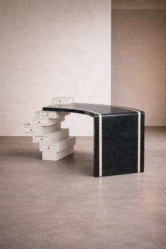 Unique Writing Desk with Black and White Stone Veneer and Brass Inlays