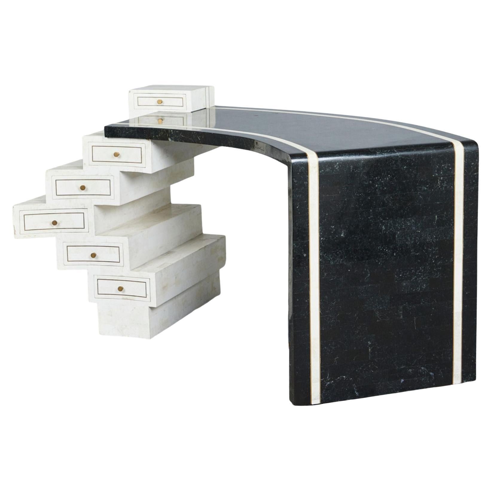 Unique Writing Desk with Black and White Stone Veneer and Brass Inlays For Sale