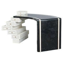 Unique Writing Desk with Black and White Stone Veneer and Brass Inlays