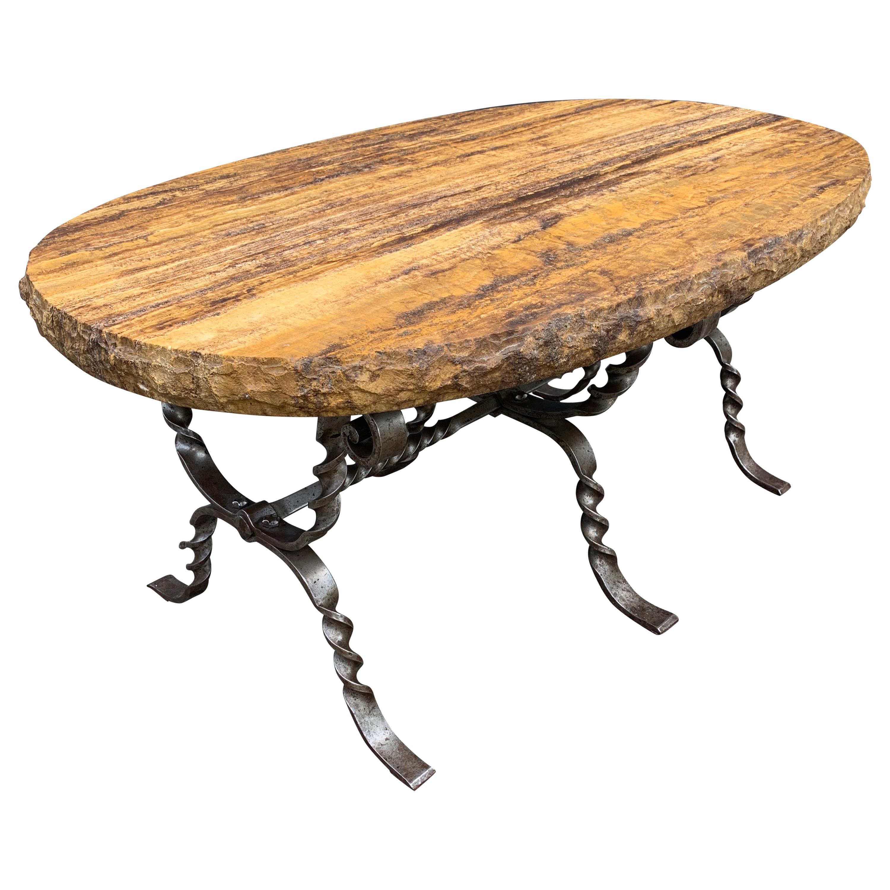 Perfect Size Midcentury Modern Wrought Iron Base and Slate Stone Top