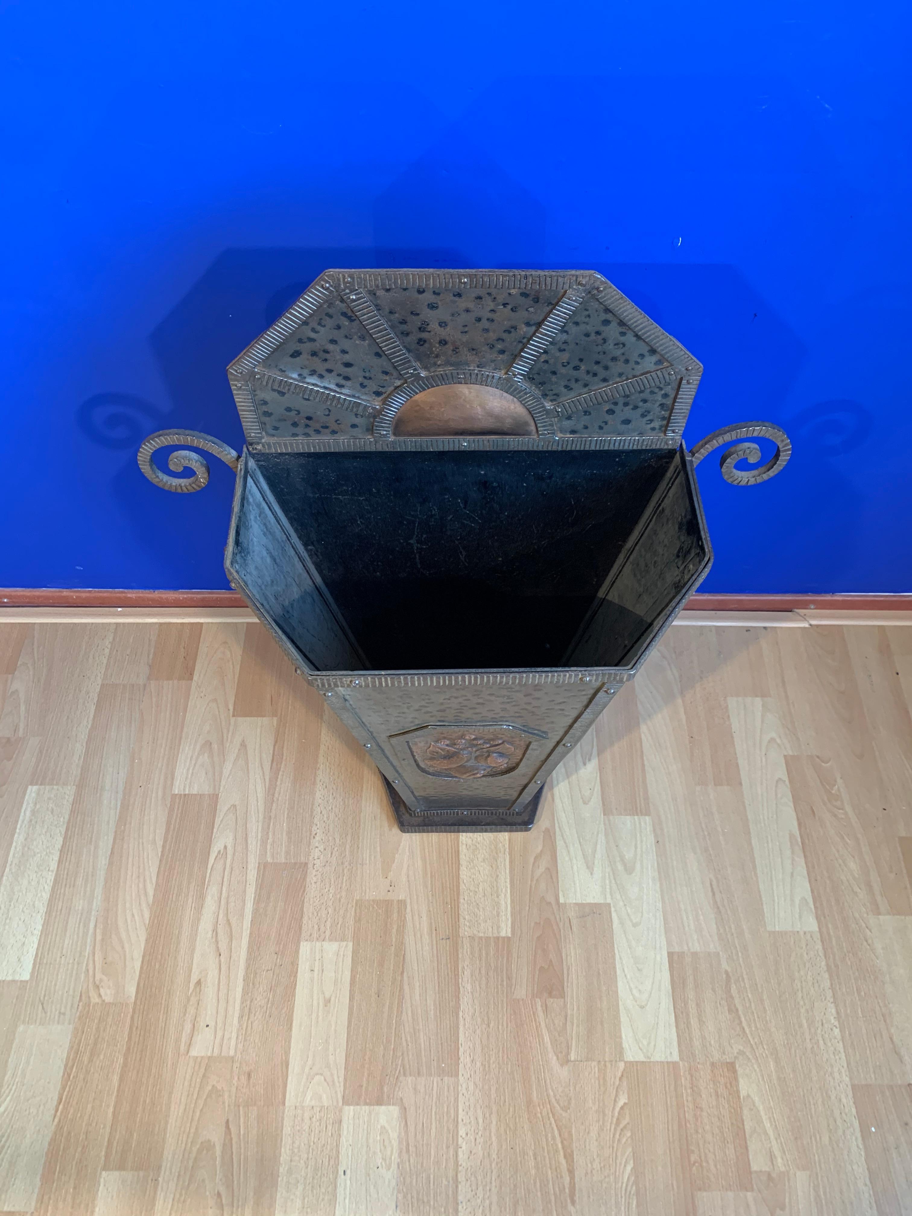 Copper Unique Art Deco Wrought Iron Cane and Umbrella Stand with Stylized Rising Sun For Sale