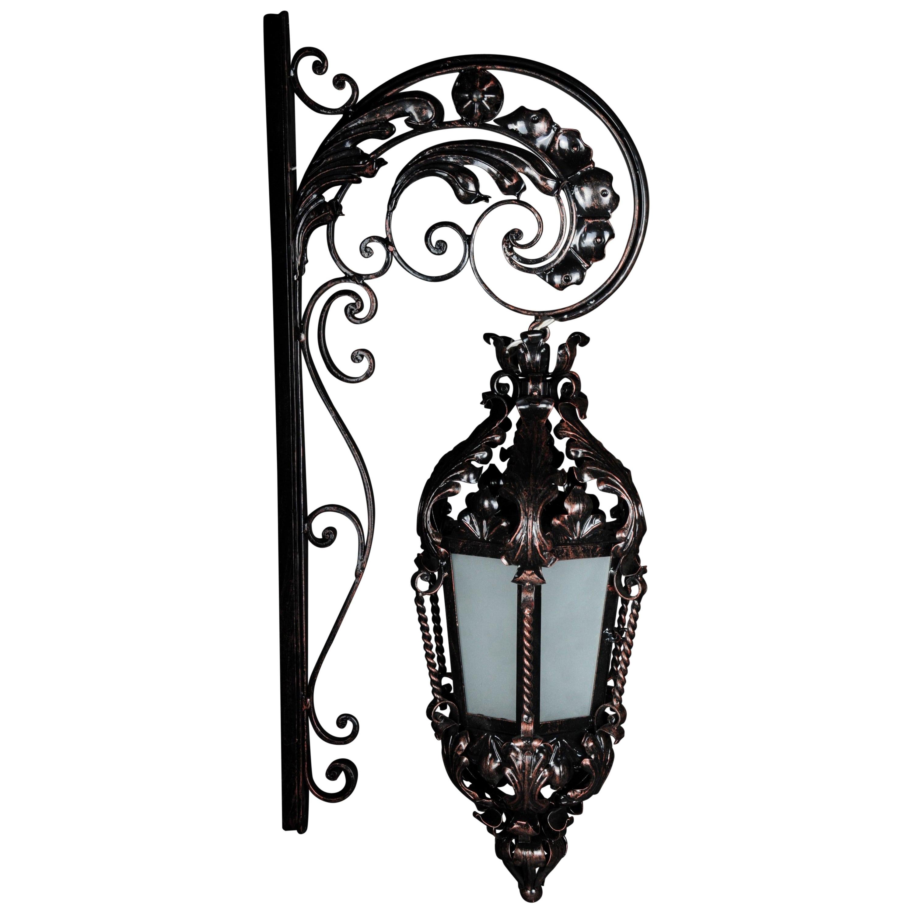 Unique Wrought Iron Hanging Lantern Wall Lamp, Historicism For Sale