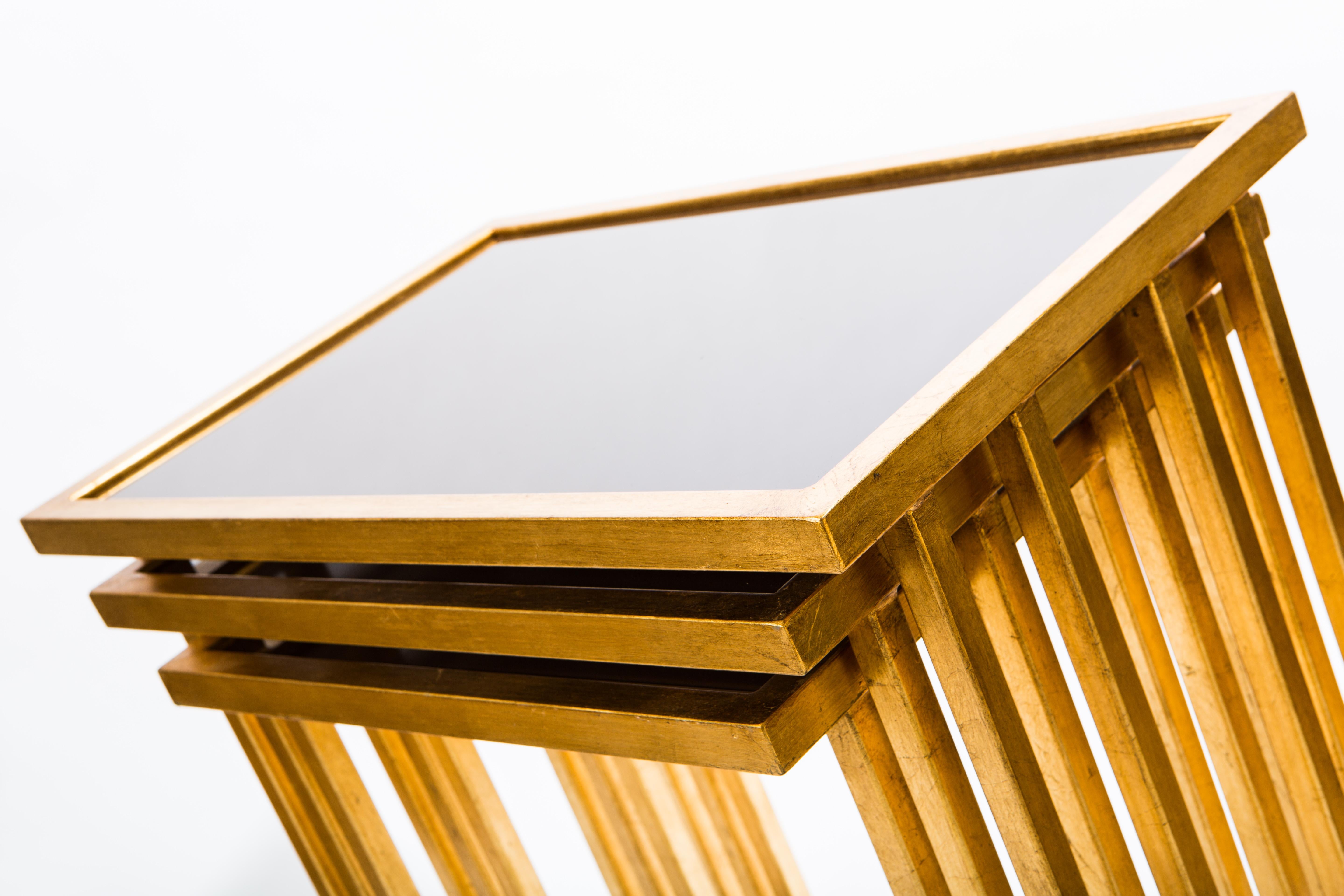 Unique Wrought Iron Nesting Tables in 24 Ct Gold Leaf with Bronze Glass Tops For Sale 3